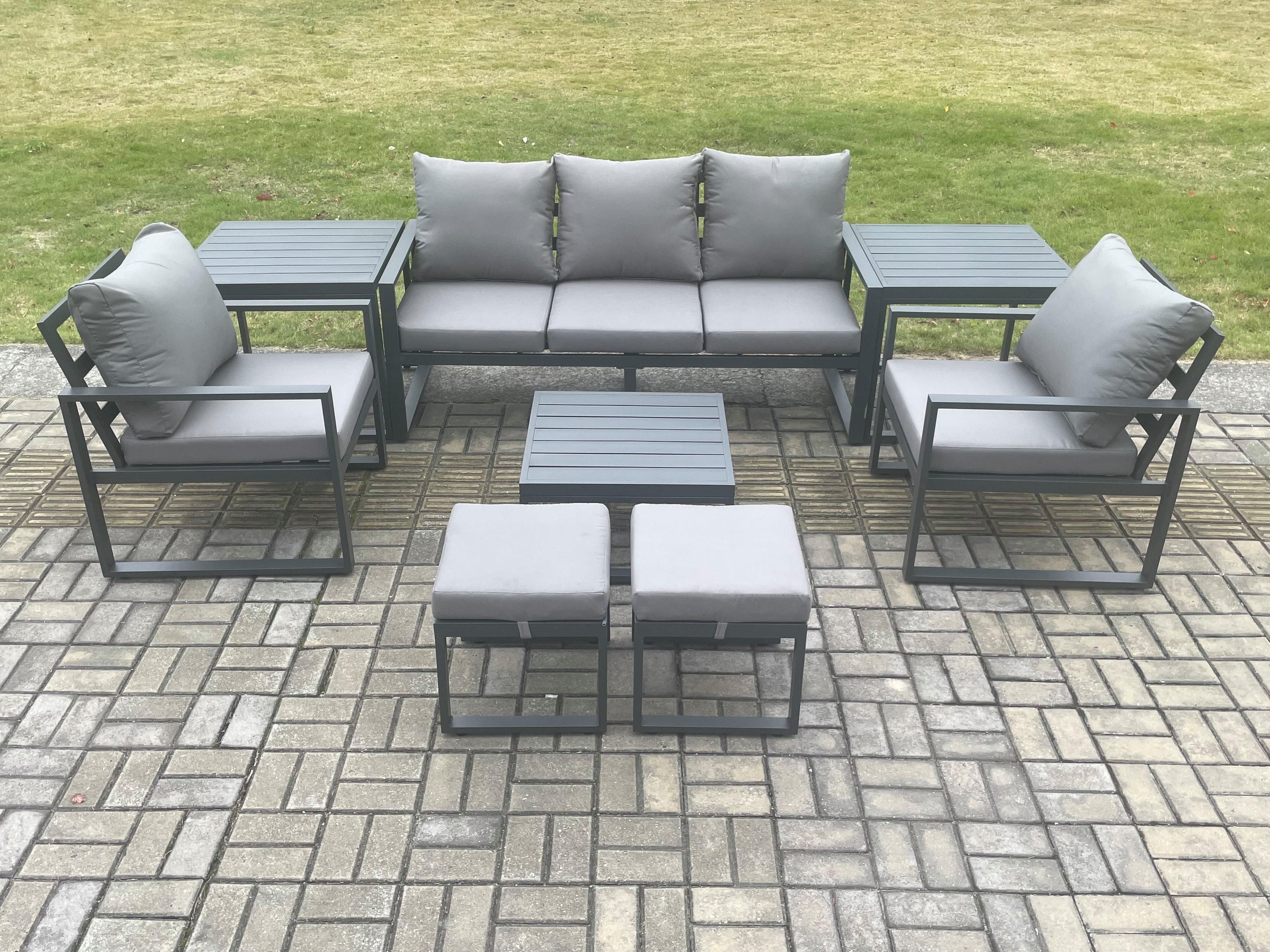 Aluminium 7 Seater Outdoor Lounge Sofa Set Garden Furniture Sets Square Coffee Table 2 Chairs 2 Small Footstools 2 Side Tables Dark Grey