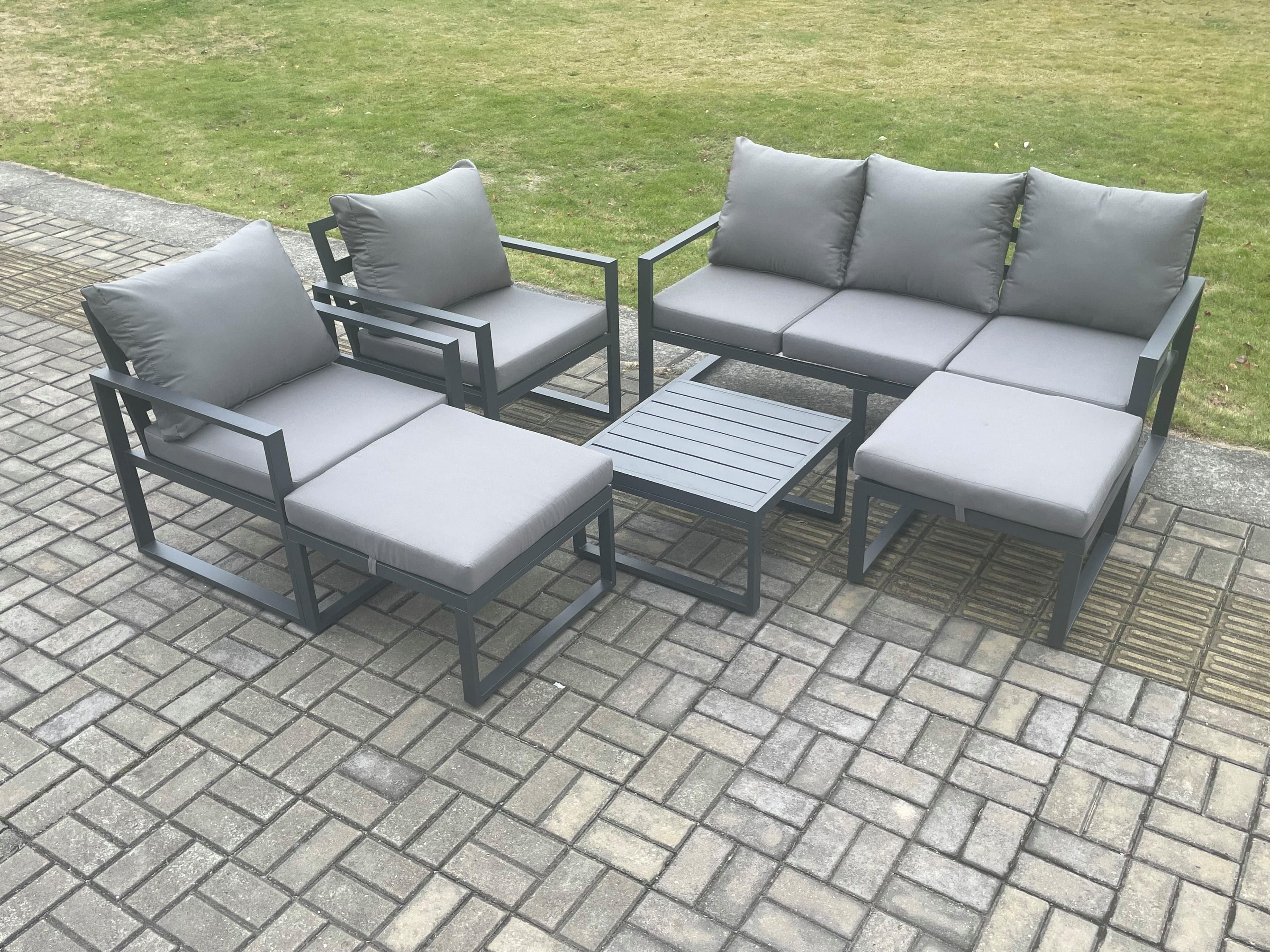Aluminium Outdoor Lounge Sofa Set Garden Furniture Sets Square Coffee Table 2 Chairs 2 Big Footstools Dark Grey 7 Seater