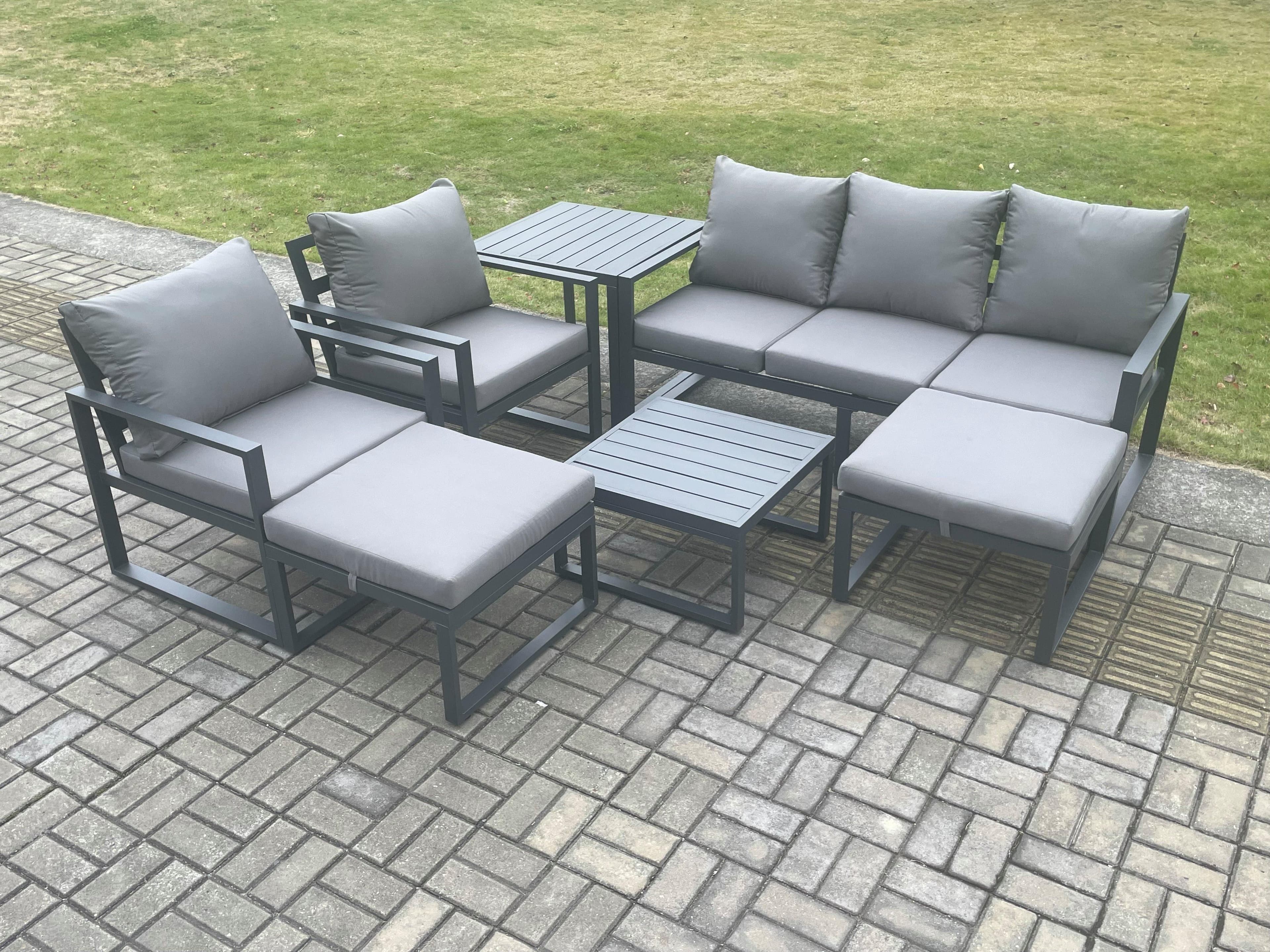 Aluminium Outdoor Lounge Sofa Set Garden Furniture Sets Square Coffee Table 2 Chairs 2 Big Footstools Side Table Dark Grey 7 Seater