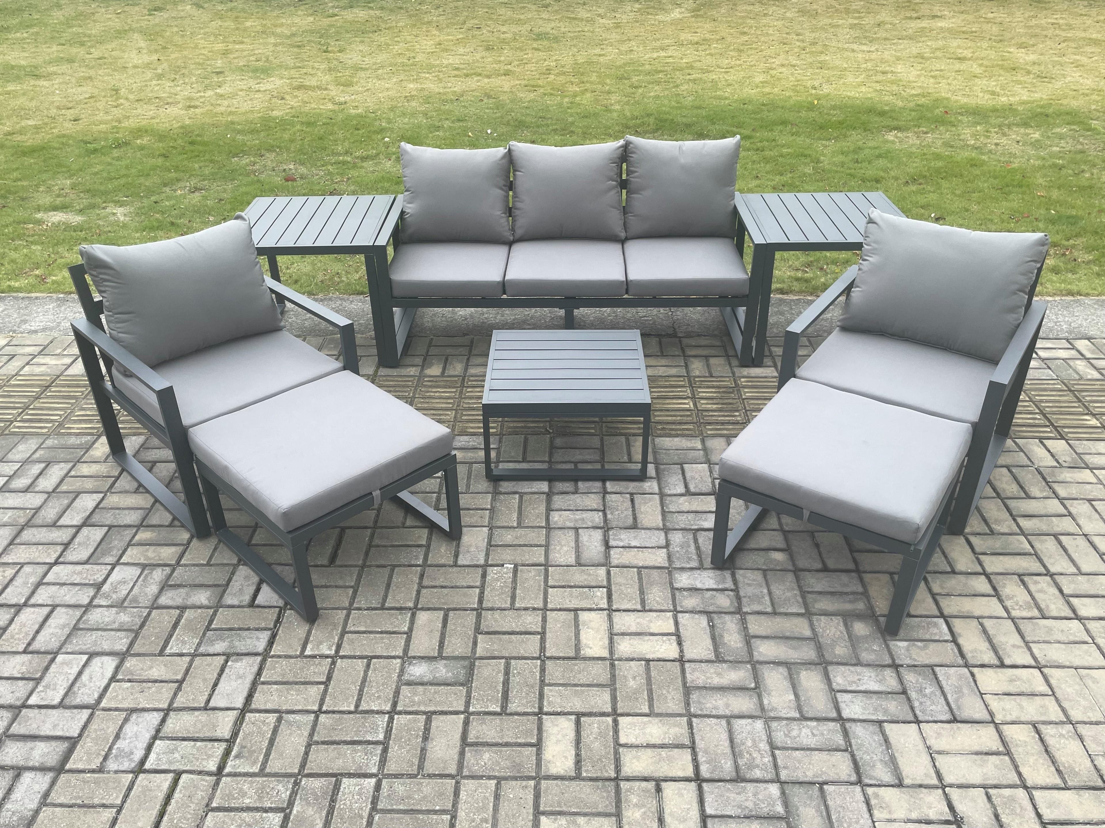 Aluminium Outdoor Lounge Sofa Set Garden Furniture Sets Square Coffee Table 2 Chairs 2 Big Footstools 2 Side Tables Dark Grey 7 Seater