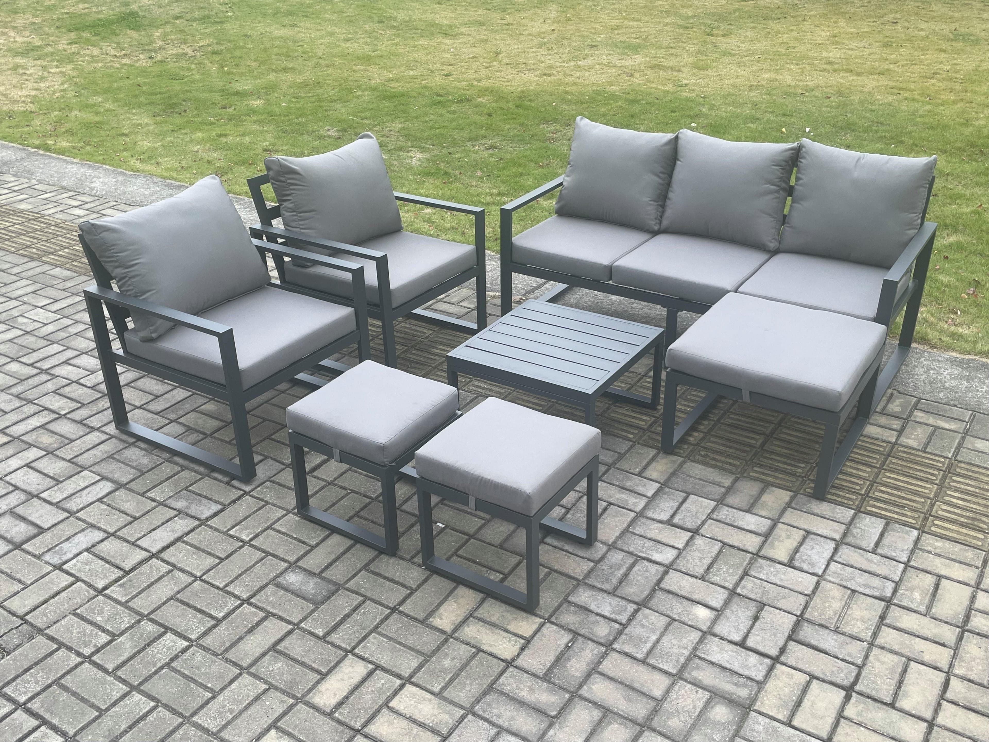 Aluminium Outdoor Lounge Sofa Set Garden Furniture Sets Square Coffee Table 2 Chairs 3 Footstools Dark Grey 8 Seater