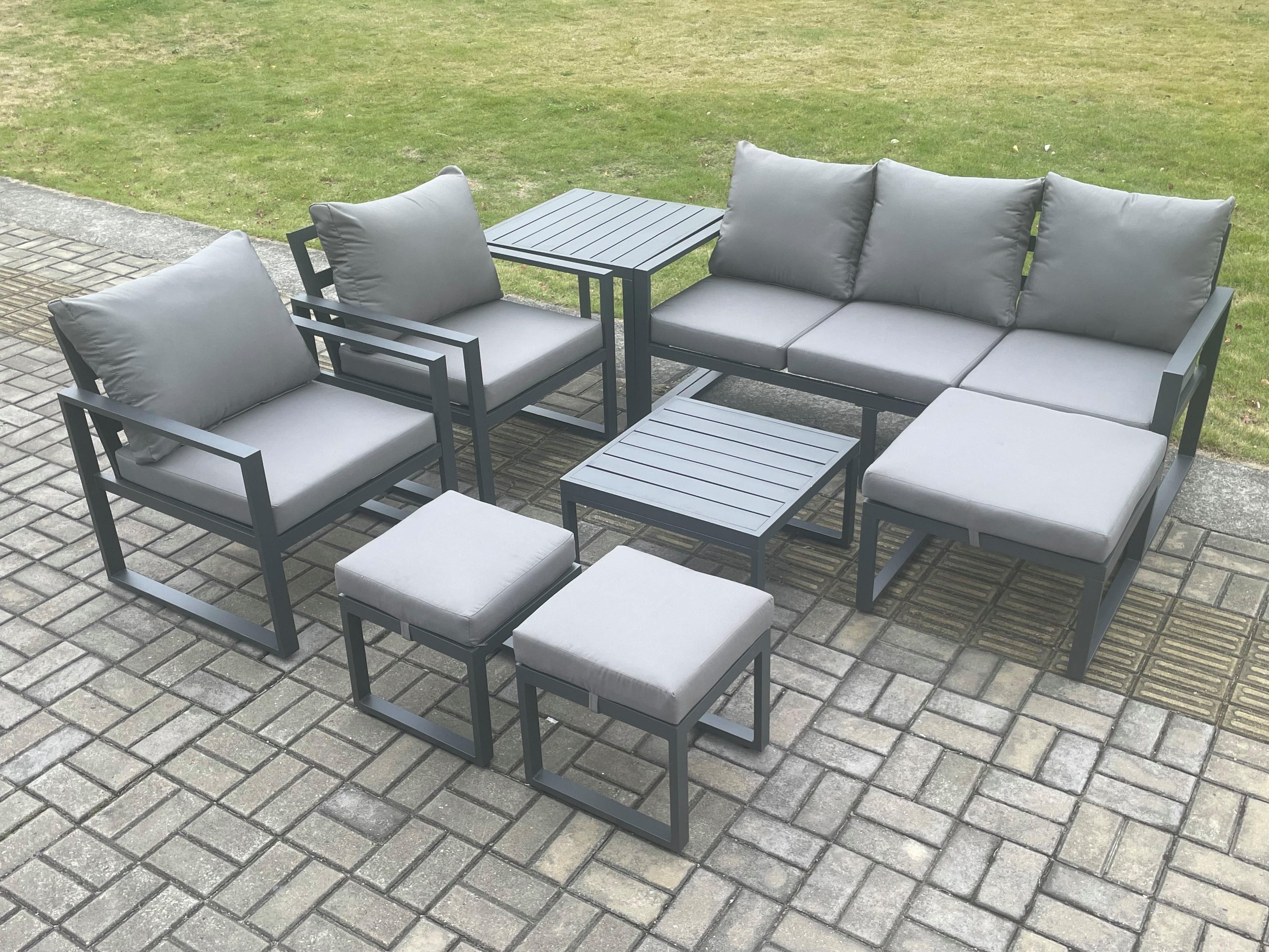 Aluminium Outdoor Lounge Sofa Set Garden Furniture Sets Square Coffee Table 2 Chairs 3 Footstools Side Table Dark Grey 8 Seater