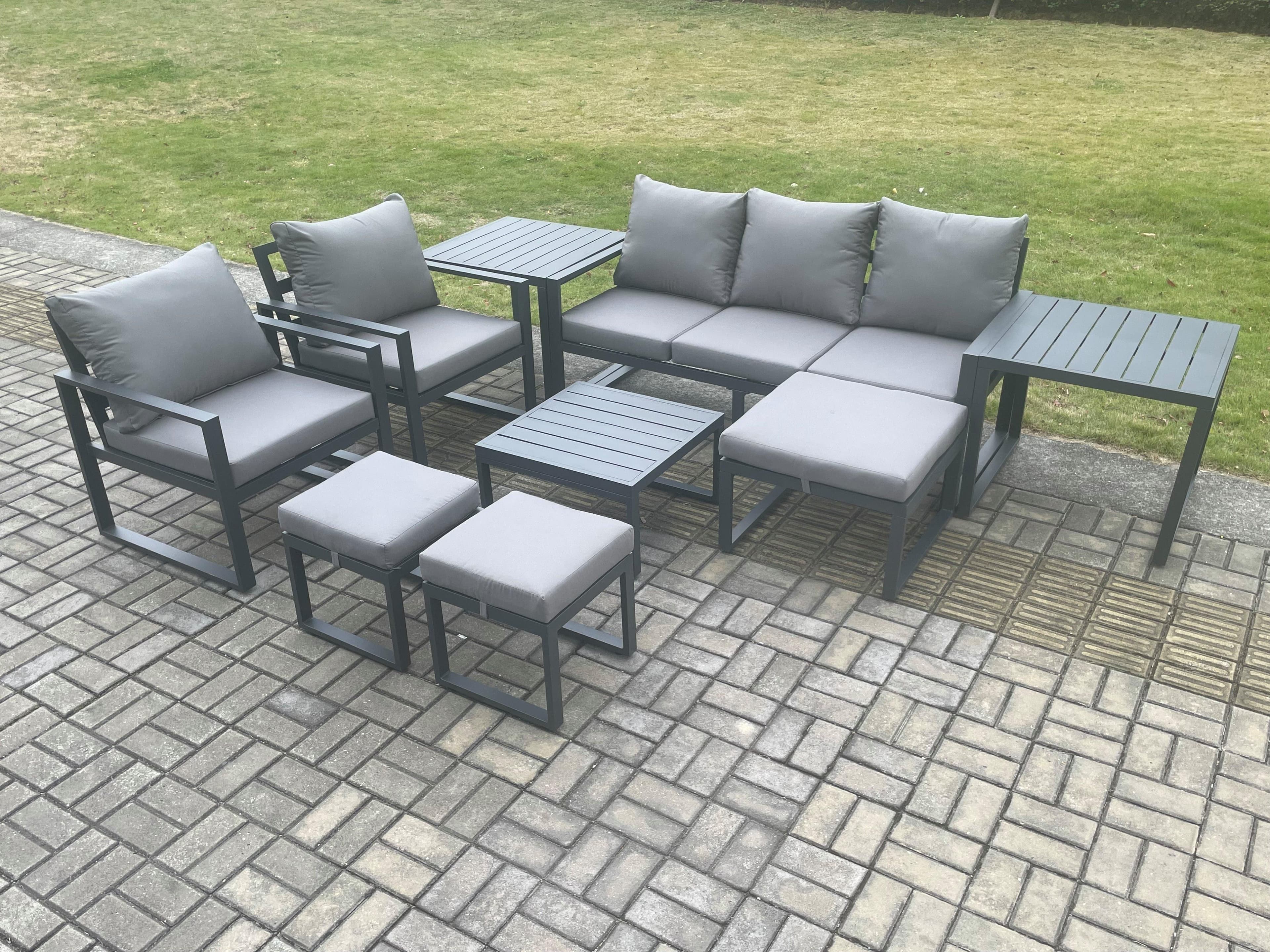 Aluminium Outdoor Lounge Sofa Set Garden Furniture Sets Square Coffee Table 2 Chairs 3 Footstools 2 Side Tables Dark Grey 8 Seater