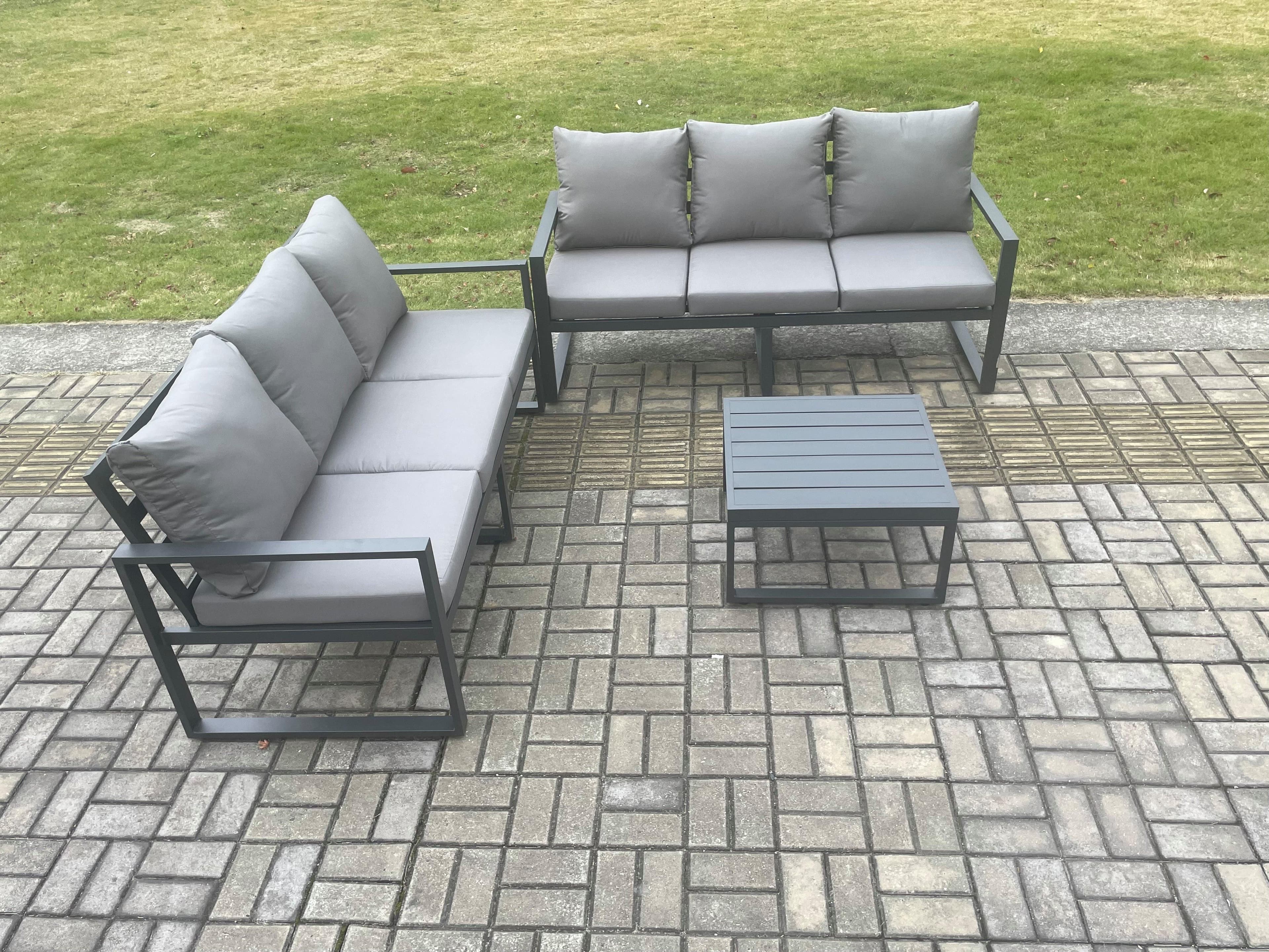 Aluminium 3 Pieces Garden Furniture Sofa Set Cushions 6 Seater Outdoor Patio Set Square Coffee Table Dark Grey