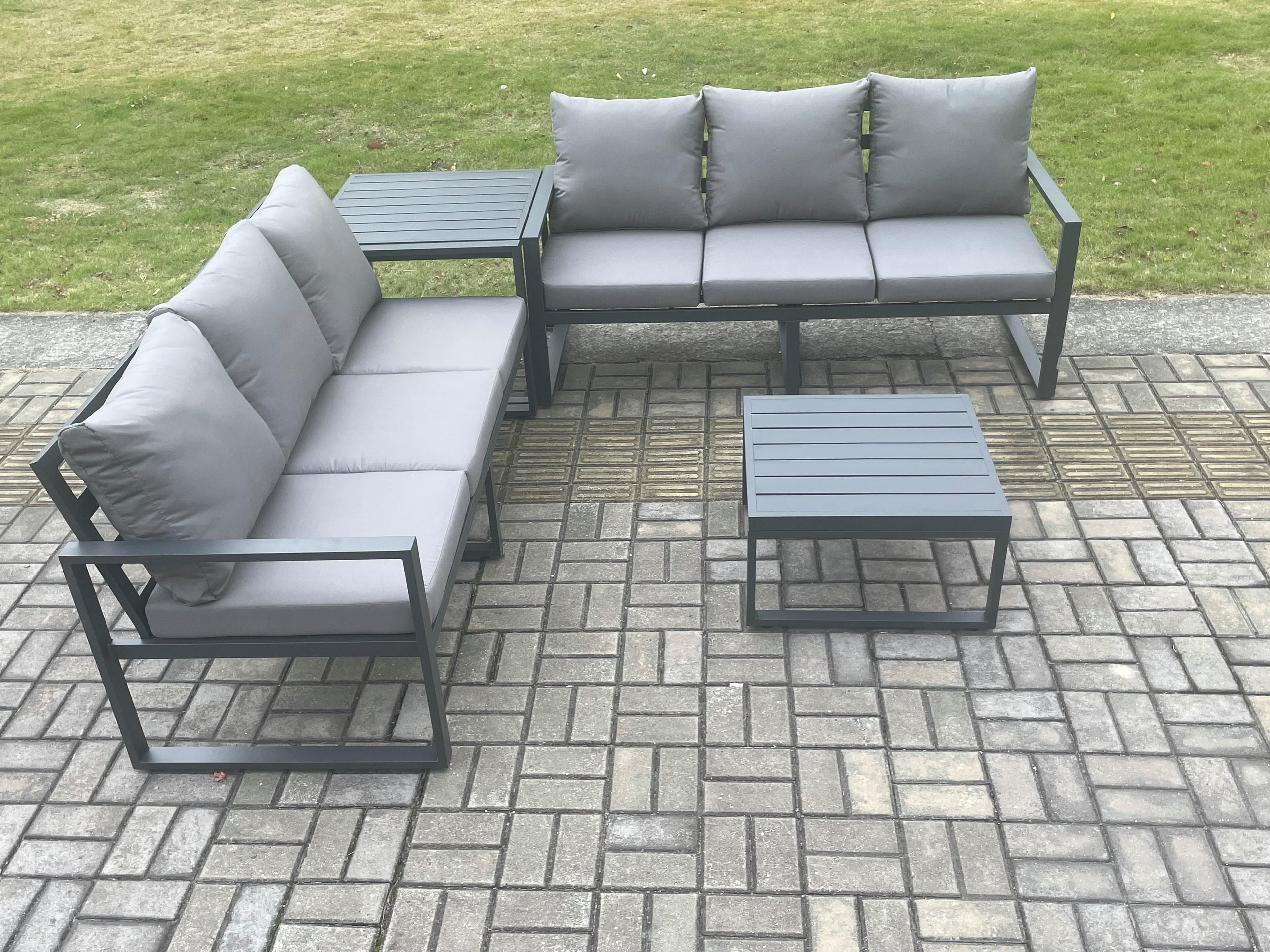 Aluminium 4 Pieces Garden Furniture Sofa Set Cushions 6 Seater Outdoor Patio Set Square Coffee Table Side Table Dark Grey