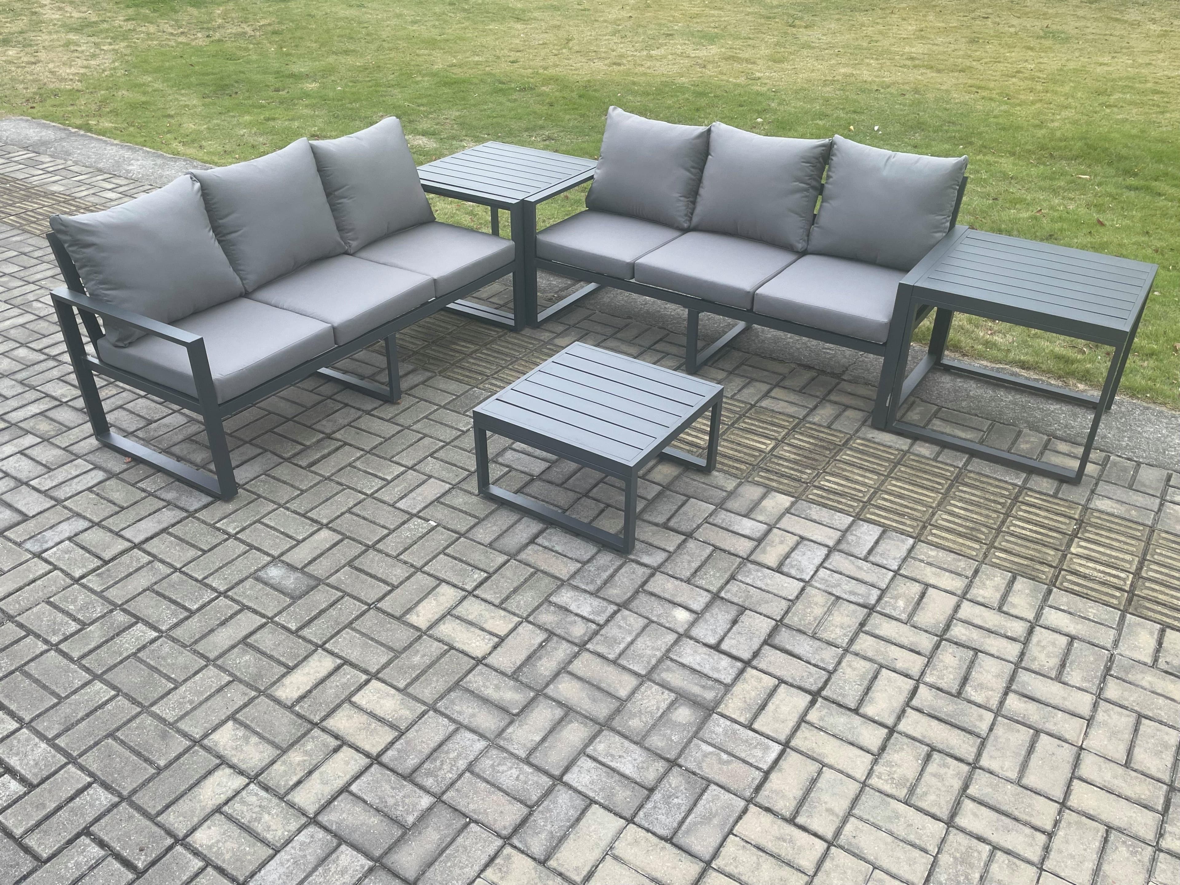 Aluminium 5 Pieces Garden Furniture Sofa Set Cushions 6 Seater Outdoor Patio Set Square Coffee Table 2 Side Tables Dark Grey