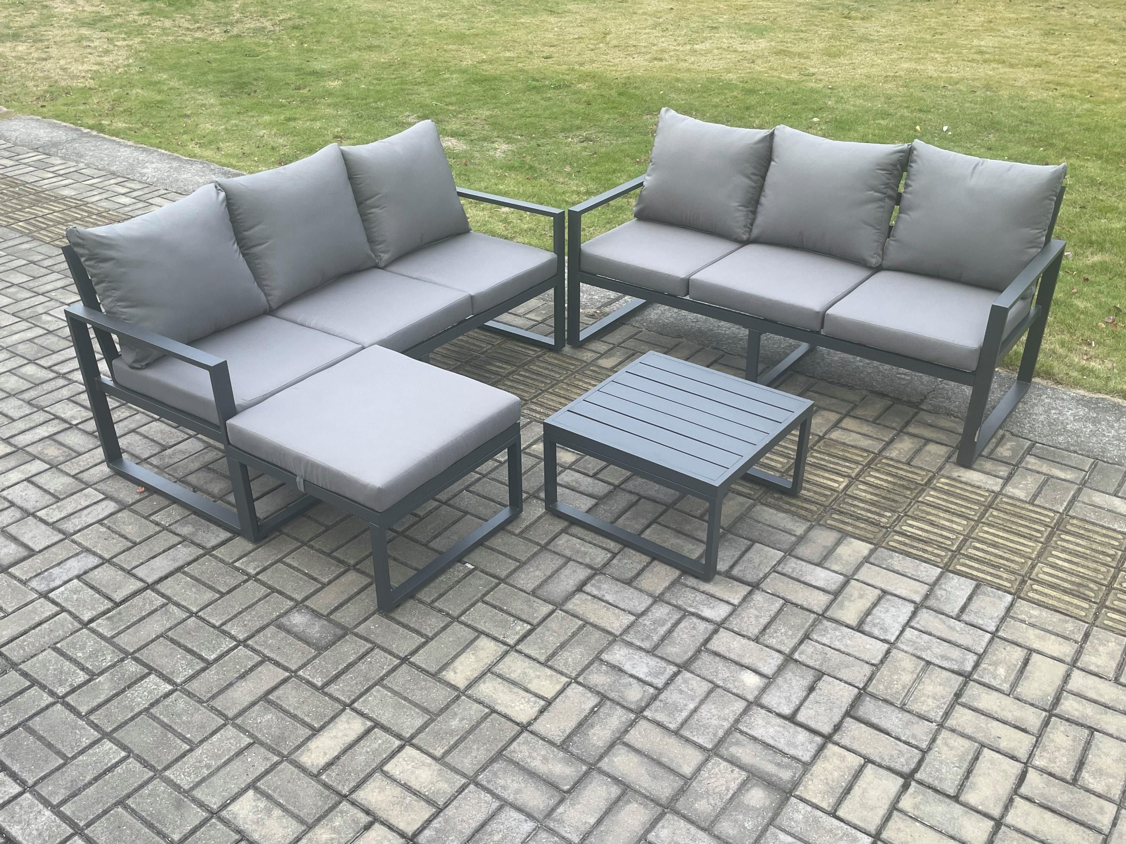 Aluminium 4 Pieces Garden Furniture Sofa Set Cushions 7 Seater Outdoor Patio Set Square Coffee Table Big Footstool Dark Grey