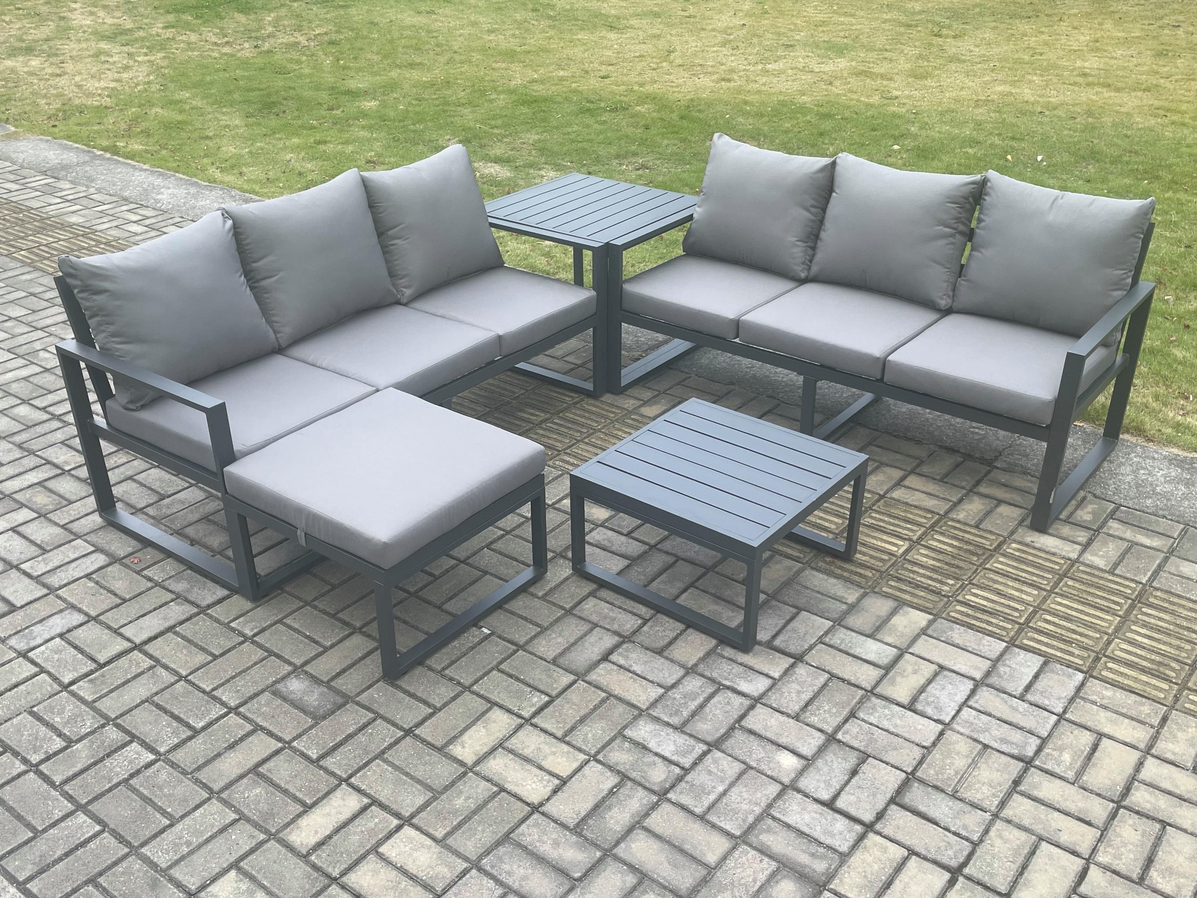 Aluminium 5 Pieces Garden Furniture Sofa Set Cushions 7 Seater Outdoor Patio Set Square Coffee Table Big Footstool Side Table