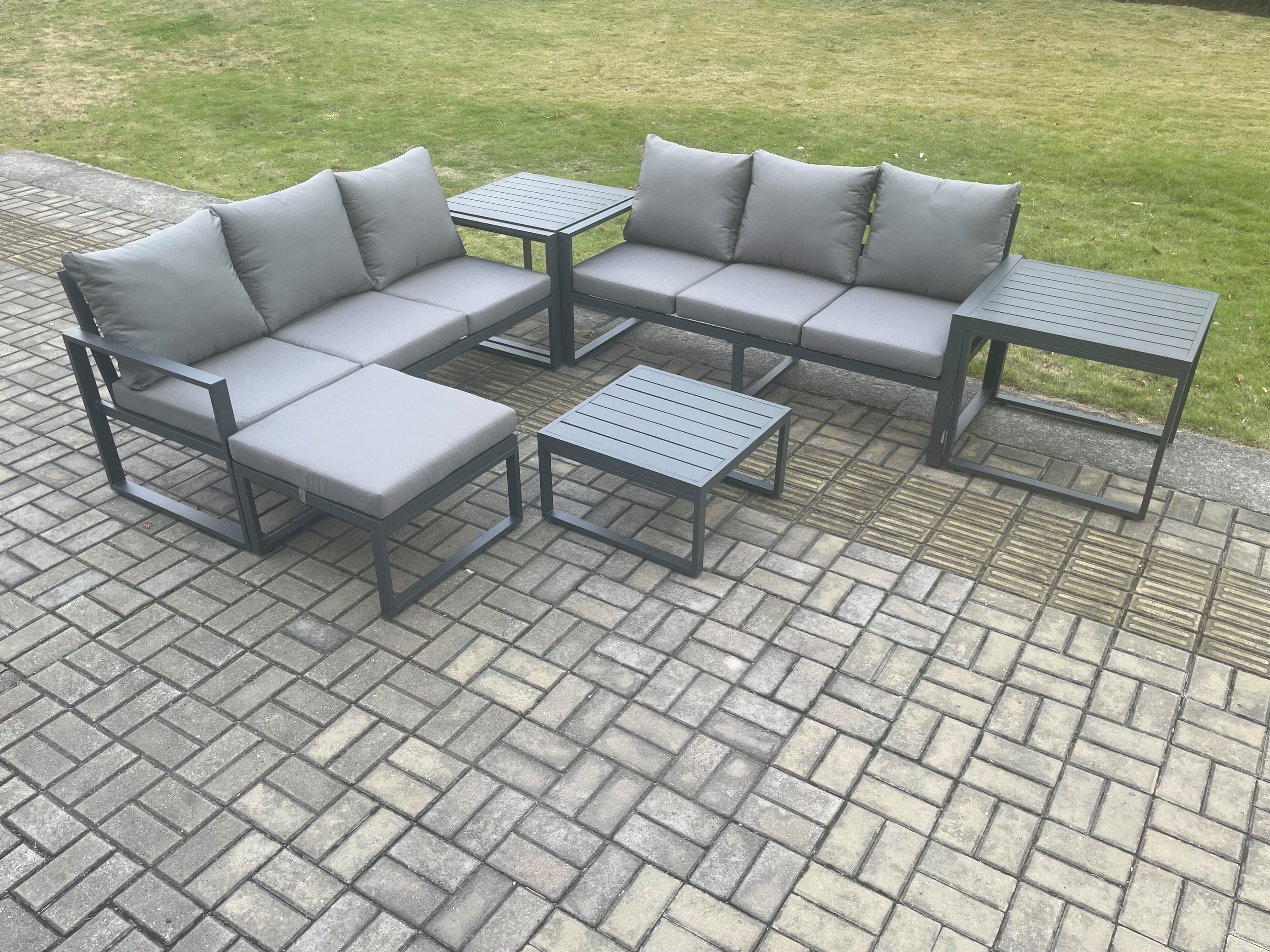 Aluminium 6 Pieces Garden Furniture Sofa Set Cushions 7 Seater Outdoor Patio Set Square Coffee Table Big Footstool