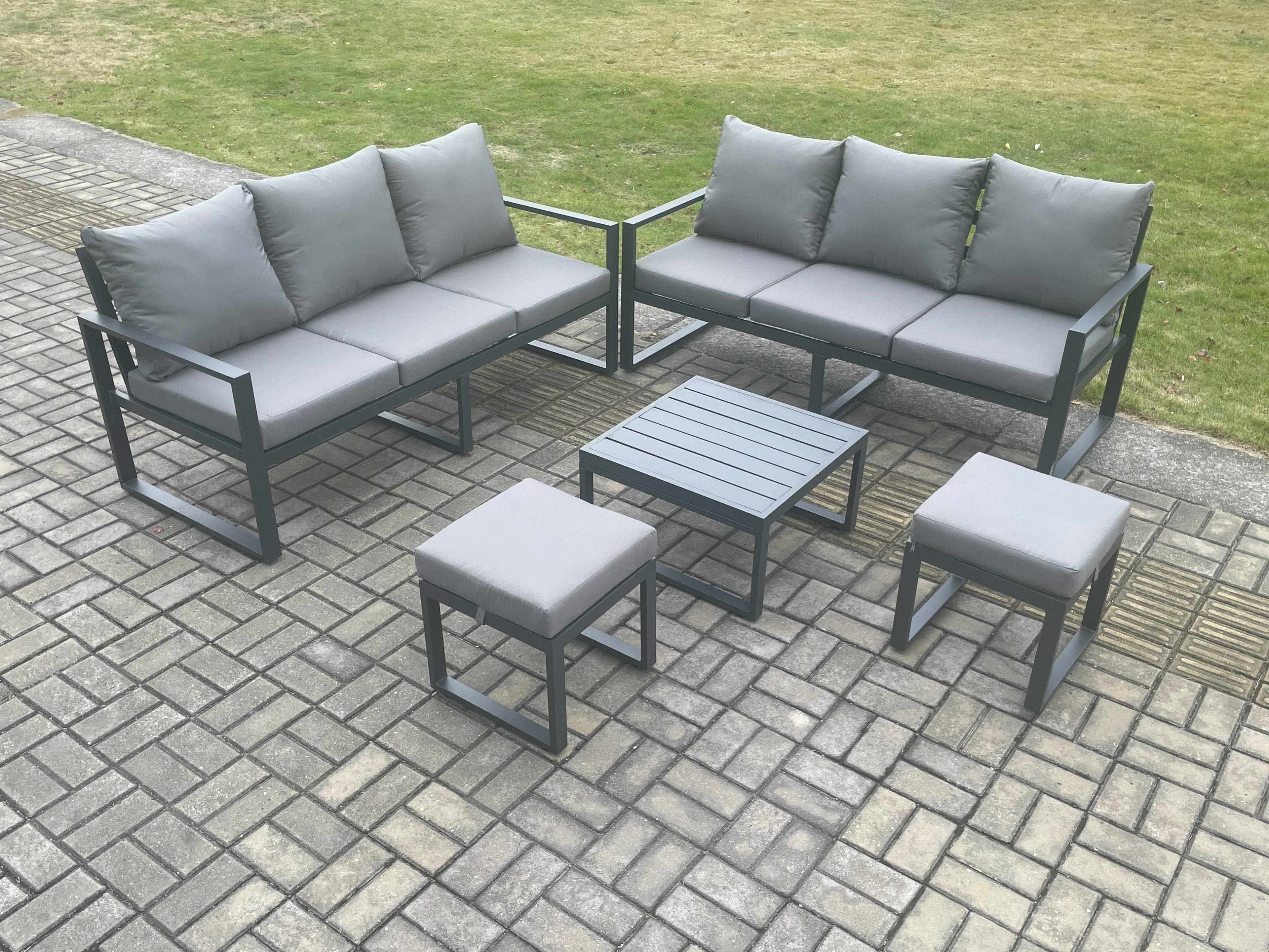 Aluminium 5 Pieces Garden Furniture Sofa Set Cushions 8 Seater Outdoor Patio Set Square Coffee Table 2 Small Footstools