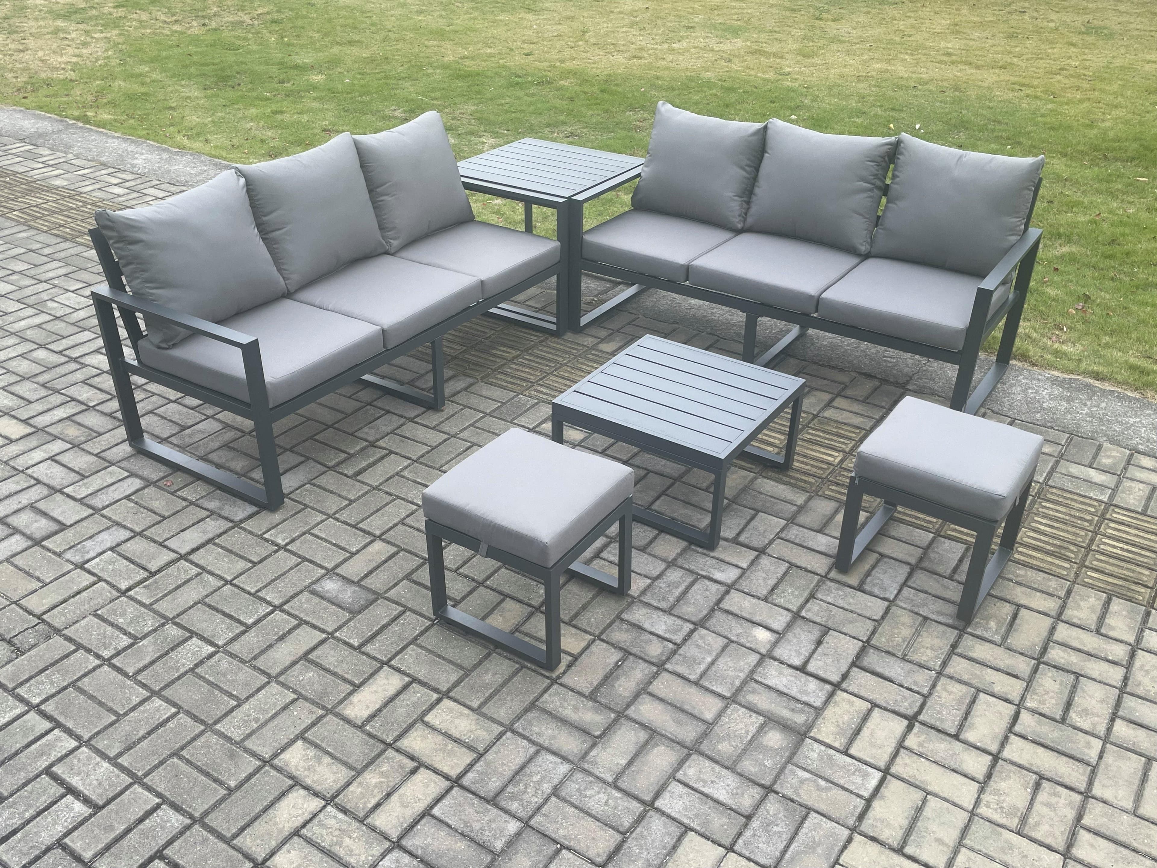 Aluminium 6 Pieces Garden Furniture Sofa Set Cushions 8 Seater Outdoor Patio Set Square Coffee Table 2 Small Footstools