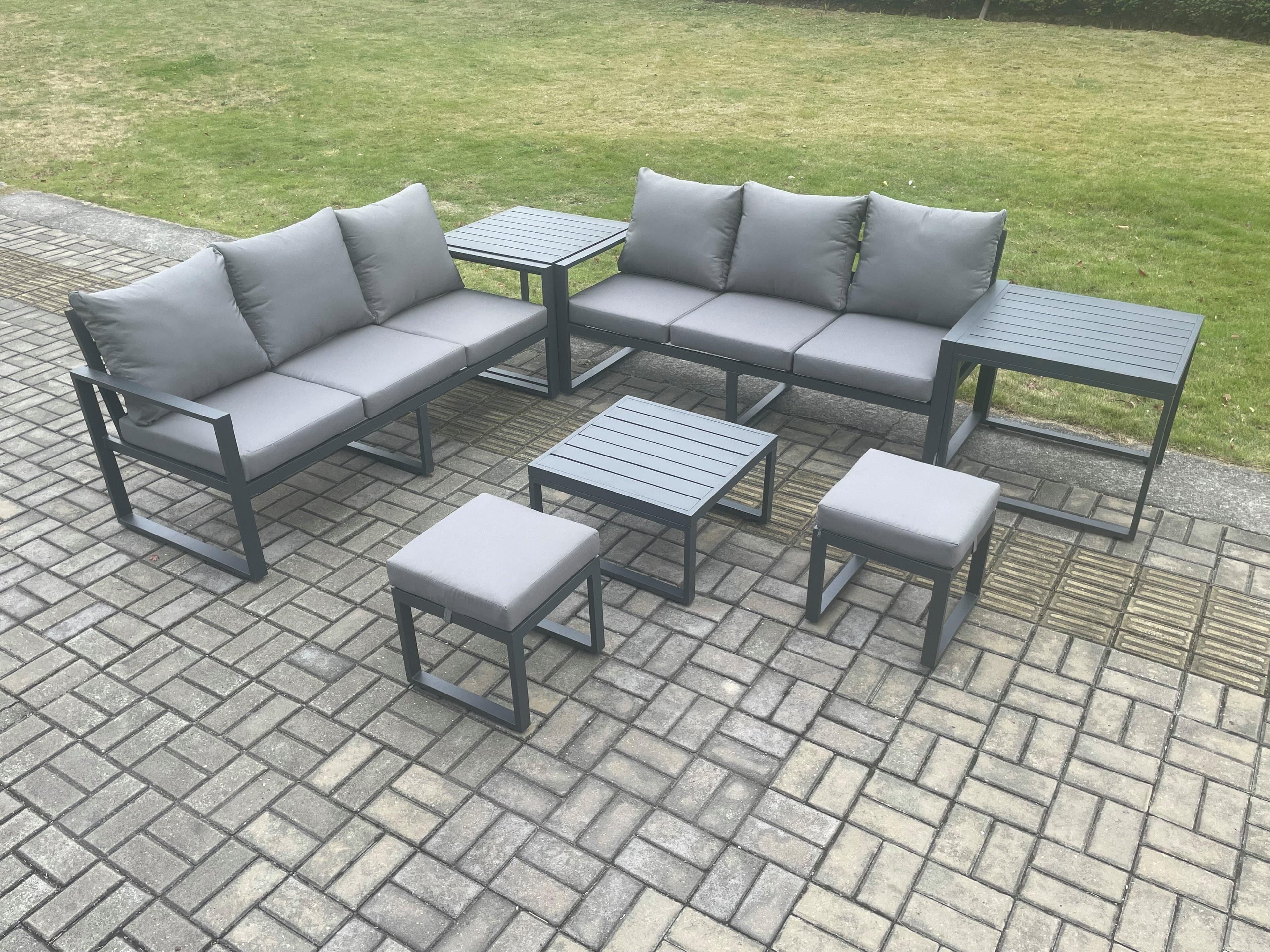 Aluminium 7 Pieces Garden Furniture Sofa Set Cushions 8 Seater Outdoor Patio Set Square Coffee Table 2 Footstools