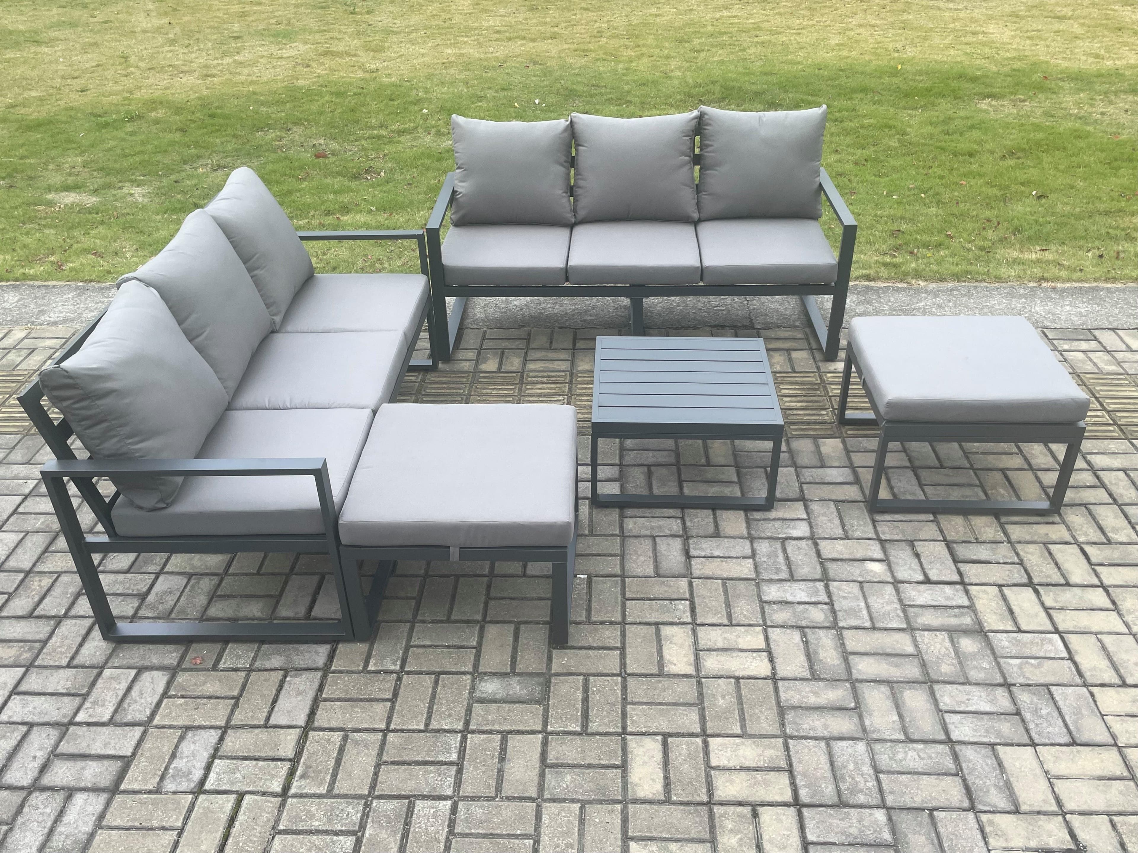 Aluminium 5 Pieces Garden Furniture Sofa Set Cushions 8 Seater Outdoor Patio Set Square Coffee Table 2 Big Footstools