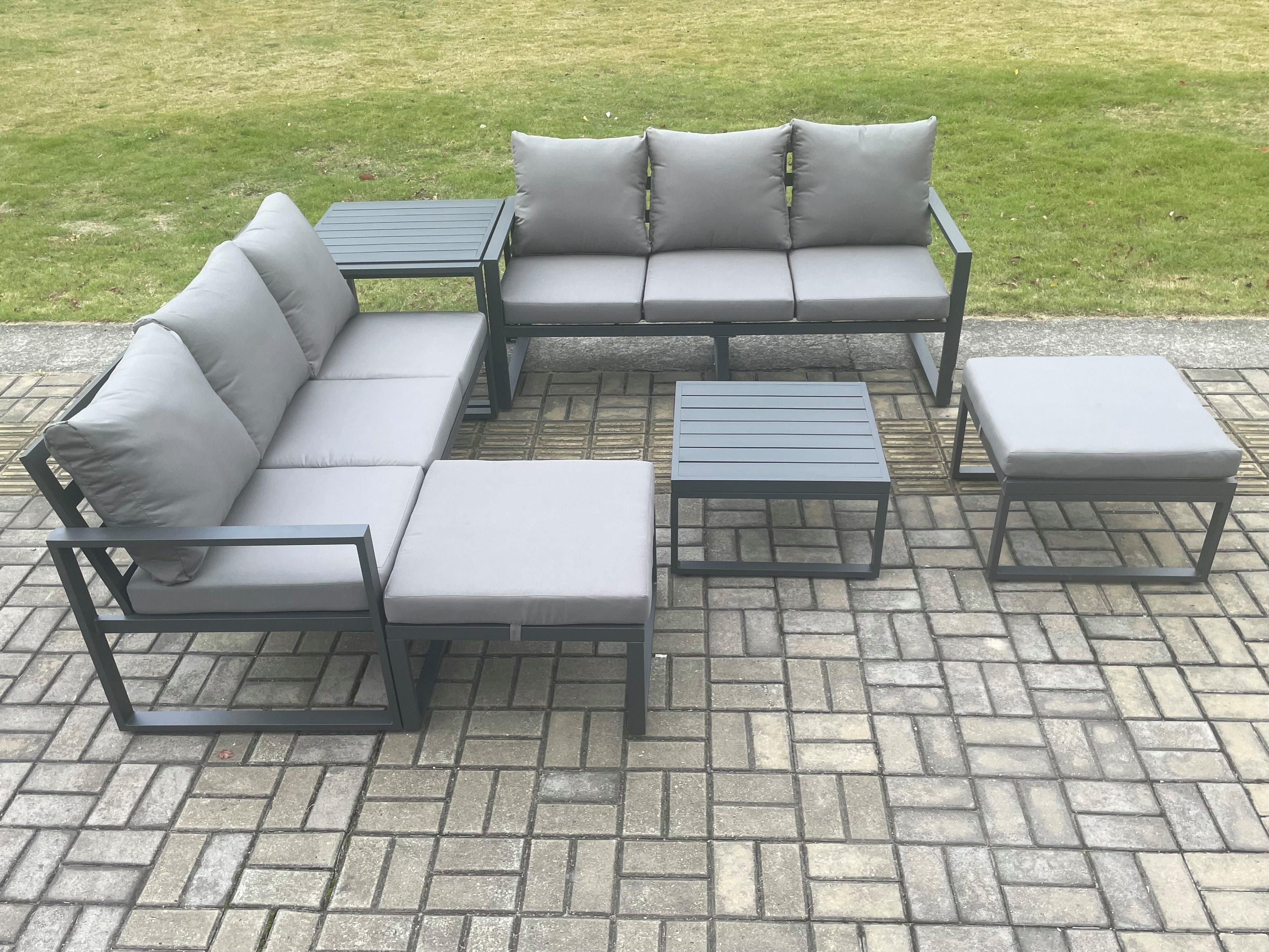 Aluminium 6 Pieces Garden Furniture Sofa Set Cushions 8 Seater Outdoor Patio Set Square Coffee Table Side Table