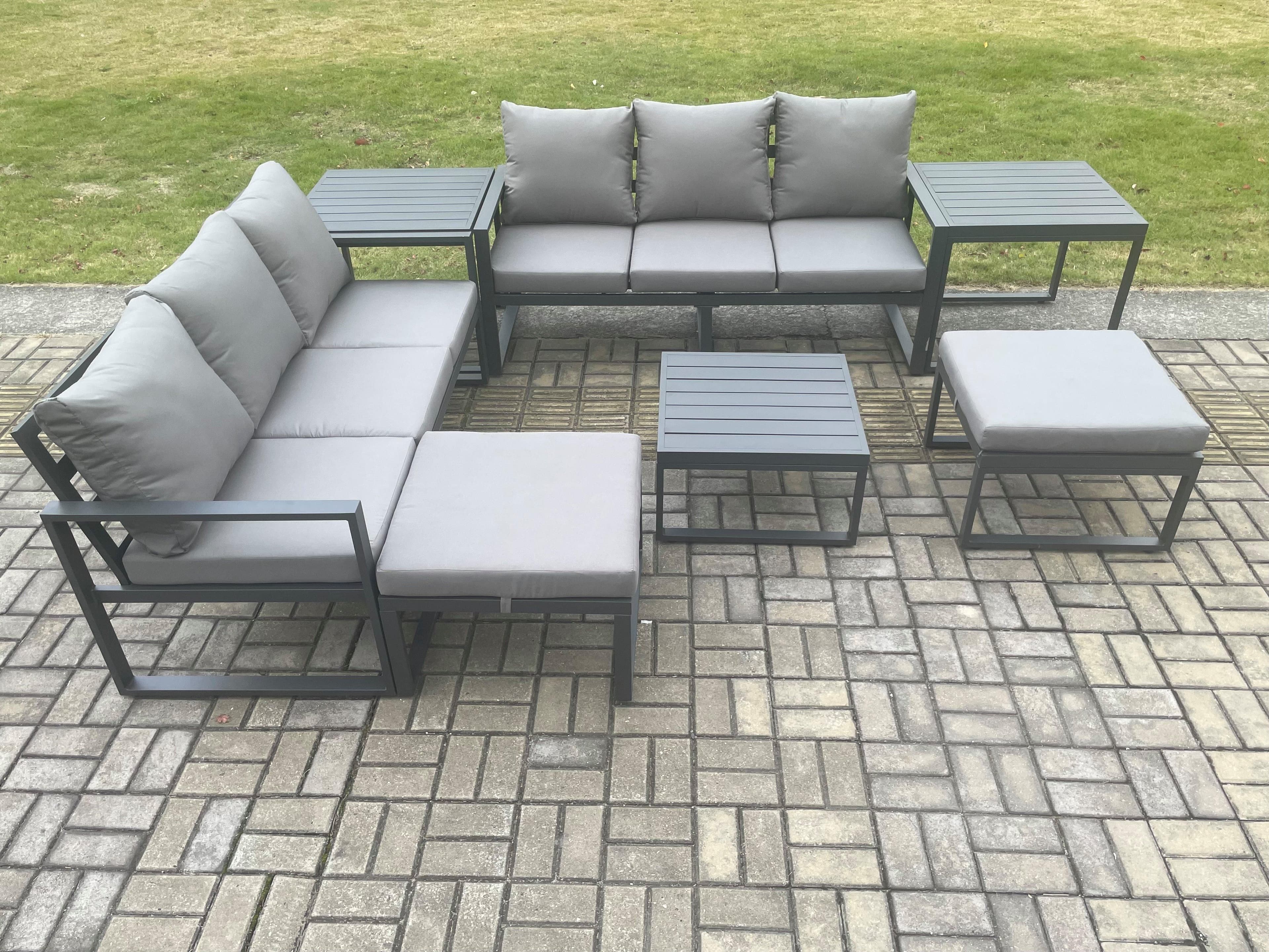 Aluminium 8 Seater Outdoor Garden Furniture Lounge Sofa Set Square Coffee Table 2 Side Tables 2 Big Footstools Dark Grey