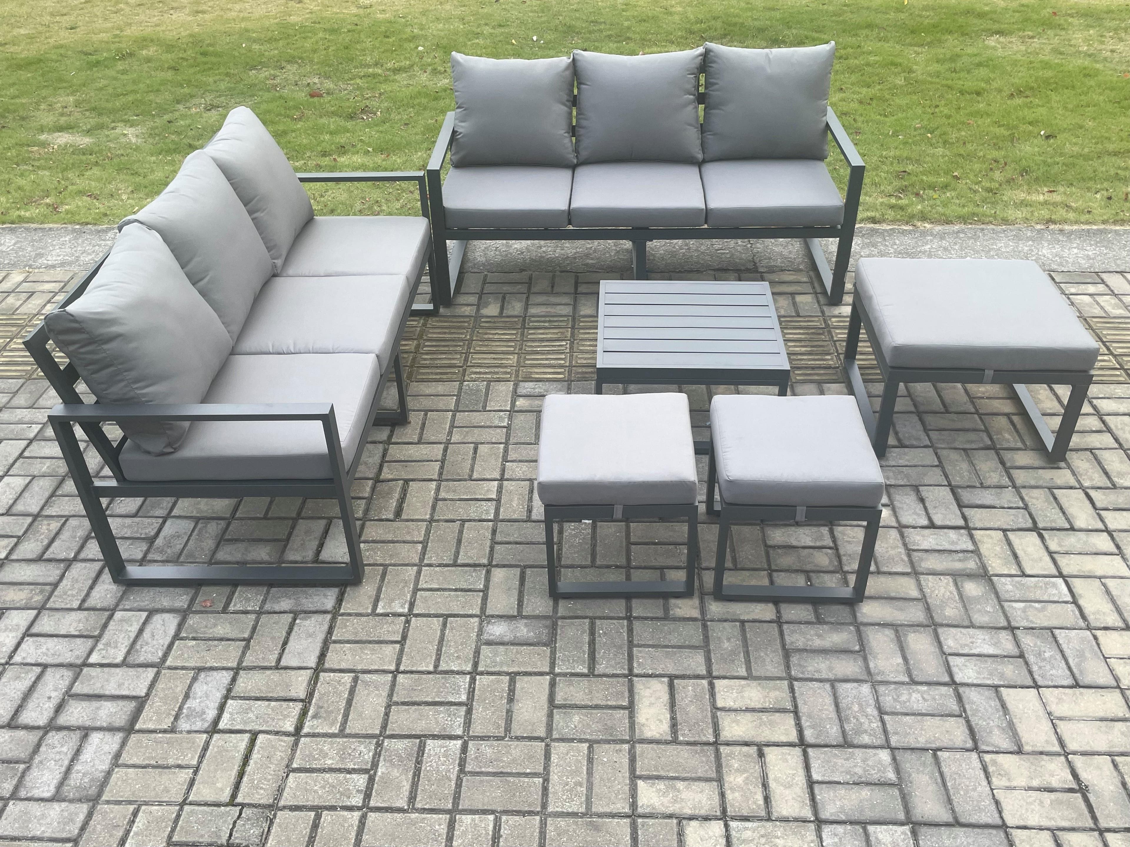 Aluminium 9 Seater Outdoor Garden Furniture Lounge Sofa Set Square Coffee Table 3 Footstools Dark Grey