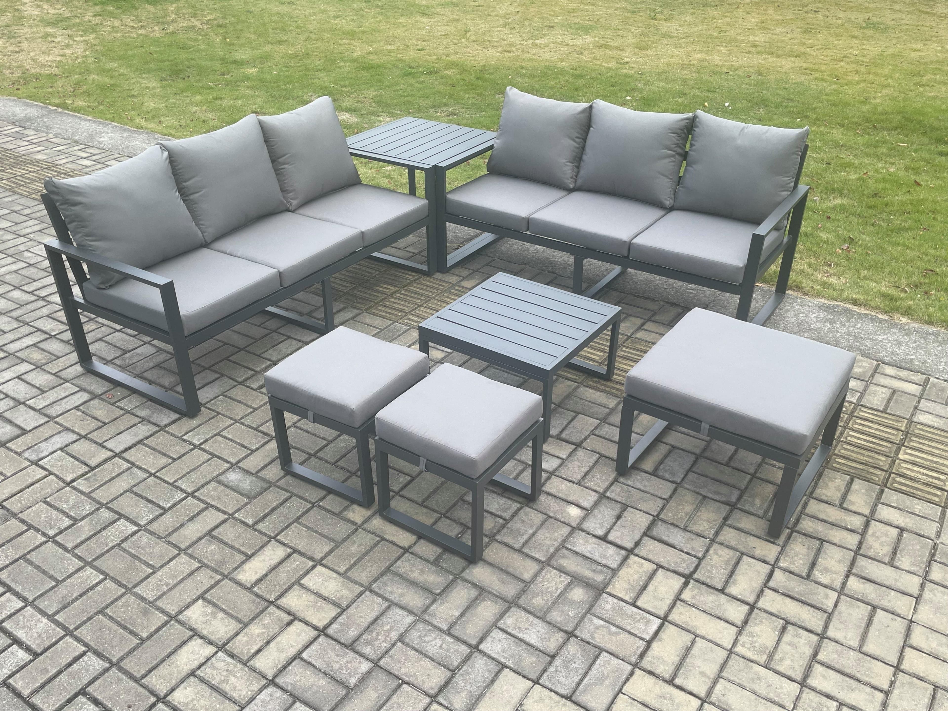 Aluminium 9 Seater Outdoor Garden Furniture Lounge Sofa Set Square Coffee Table 3 Footstools Side Table Dark Grey