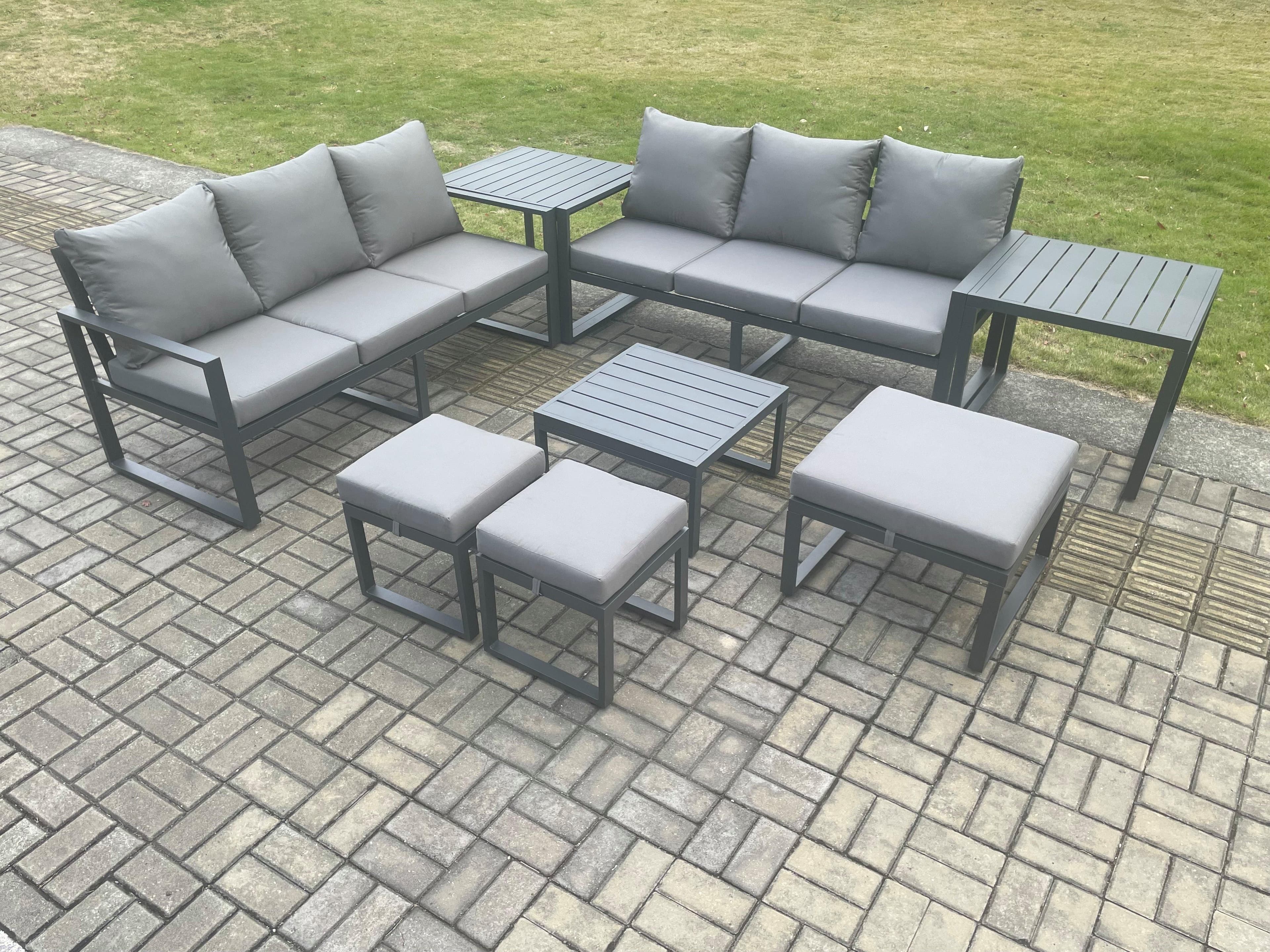 Aluminium 9 Seater Outdoor Garden Furniture Lounge Sofa Set Square Coffee Table 3 Footstools 2 Side Tables Dark Grey