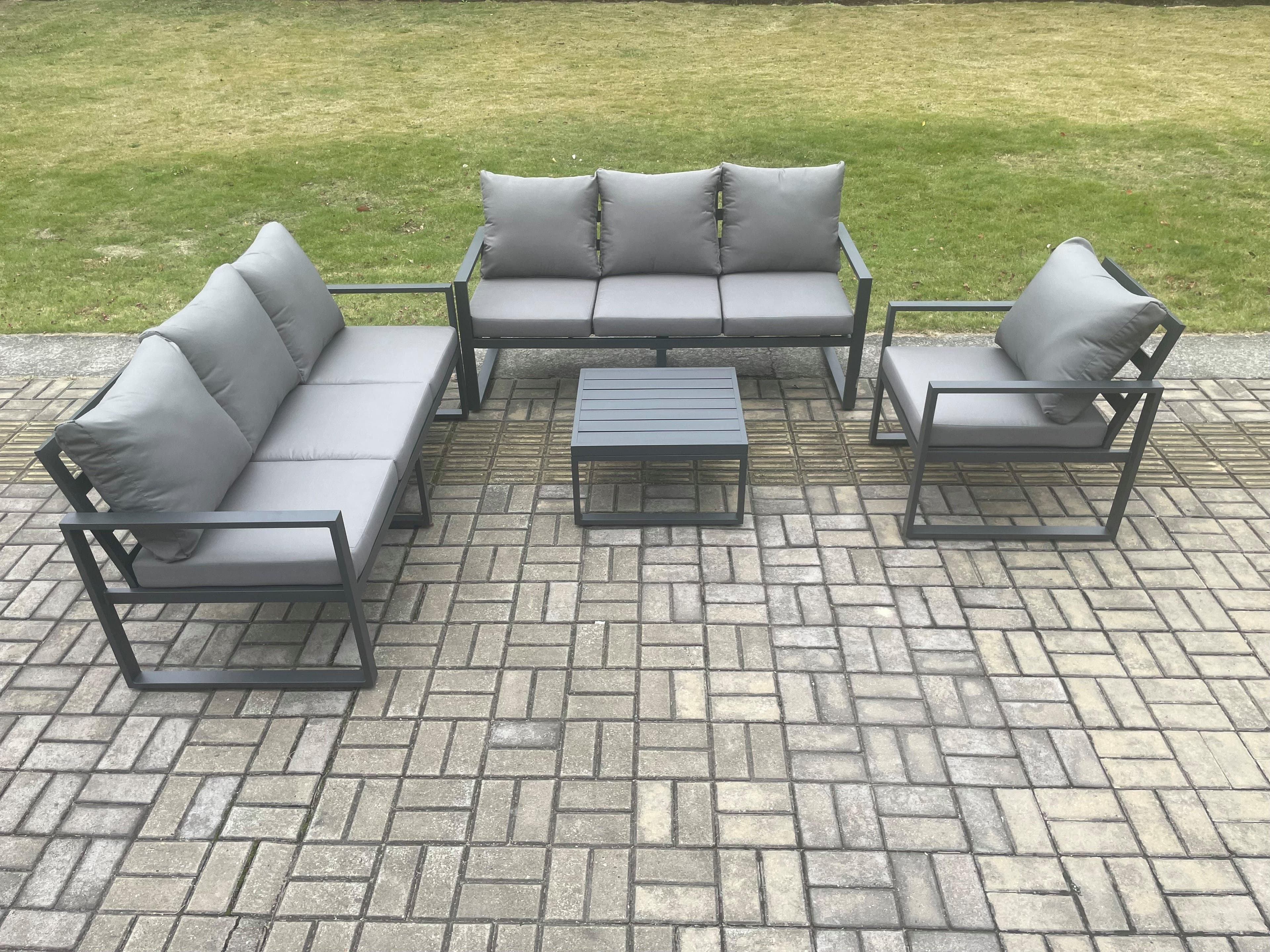 Aluminium 7 Seater Outdoor Garden Furniture Lounge Sofa Set Square Coffee Table Chair Dark Grey