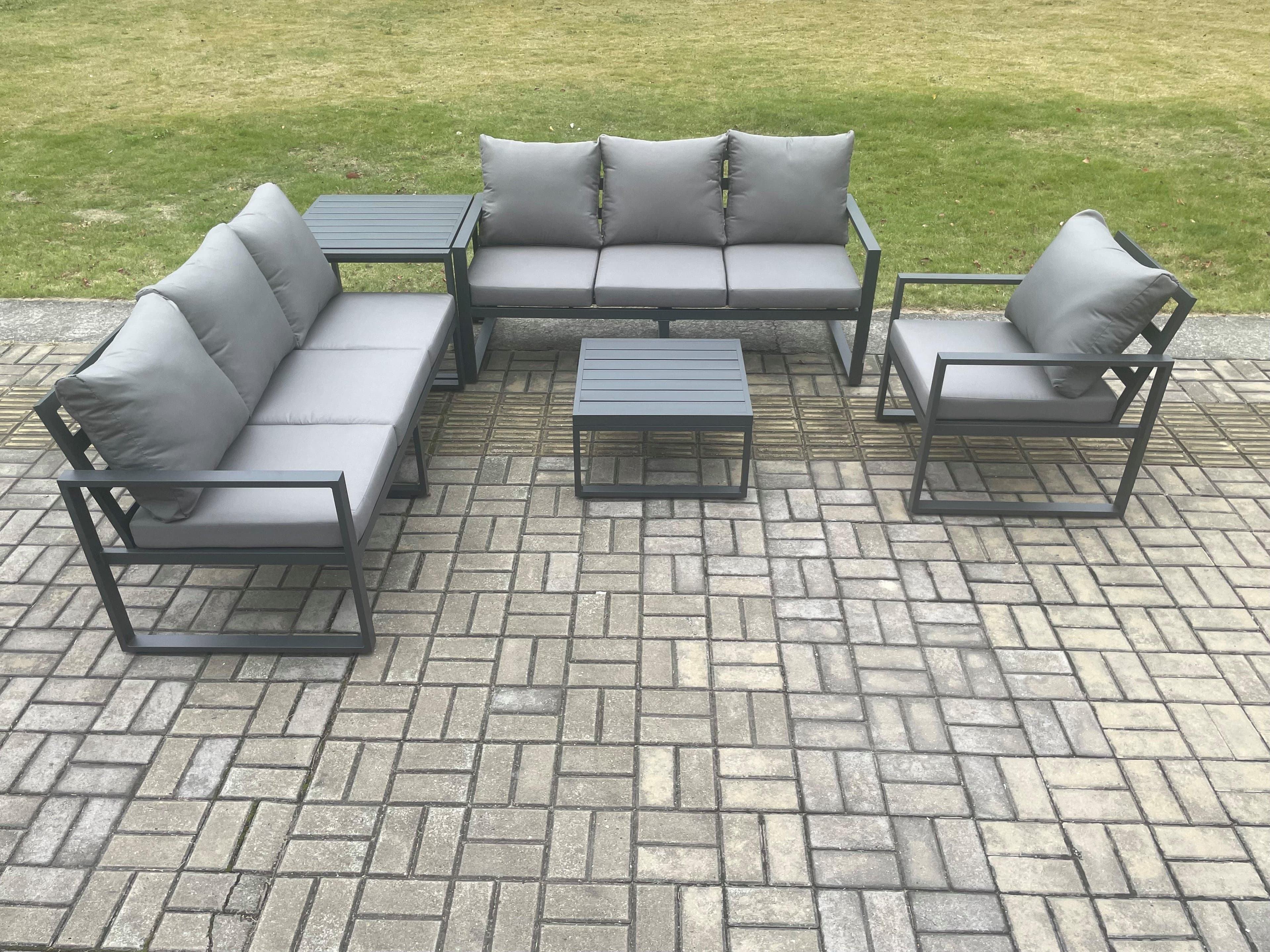 Aluminium 7 Seater Outdoor Garden Furniture Lounge Sofa Set Square Coffee Table Chair Side Table Dark Grey