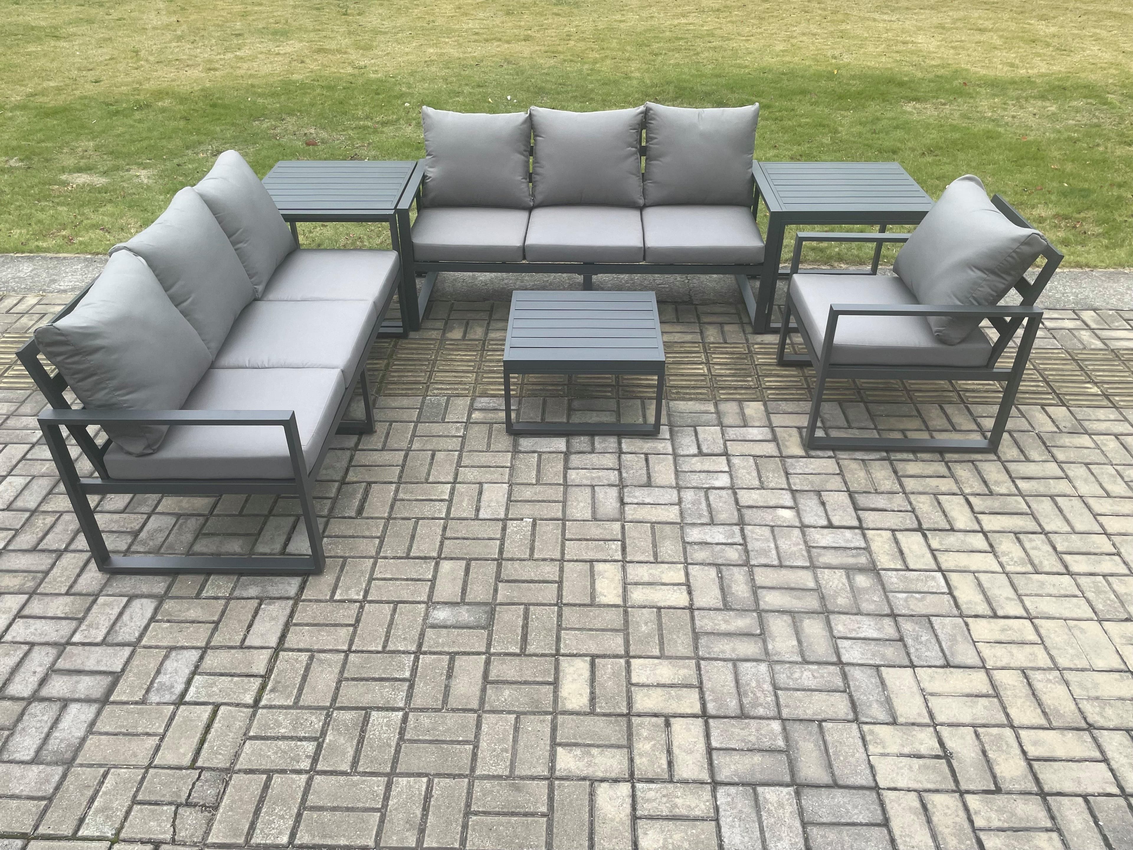 Aluminium 7 Seater Outdoor Garden Furniture Lounge Sofa Set Square Coffee Table Chair 2 Side Table Dark Grey
