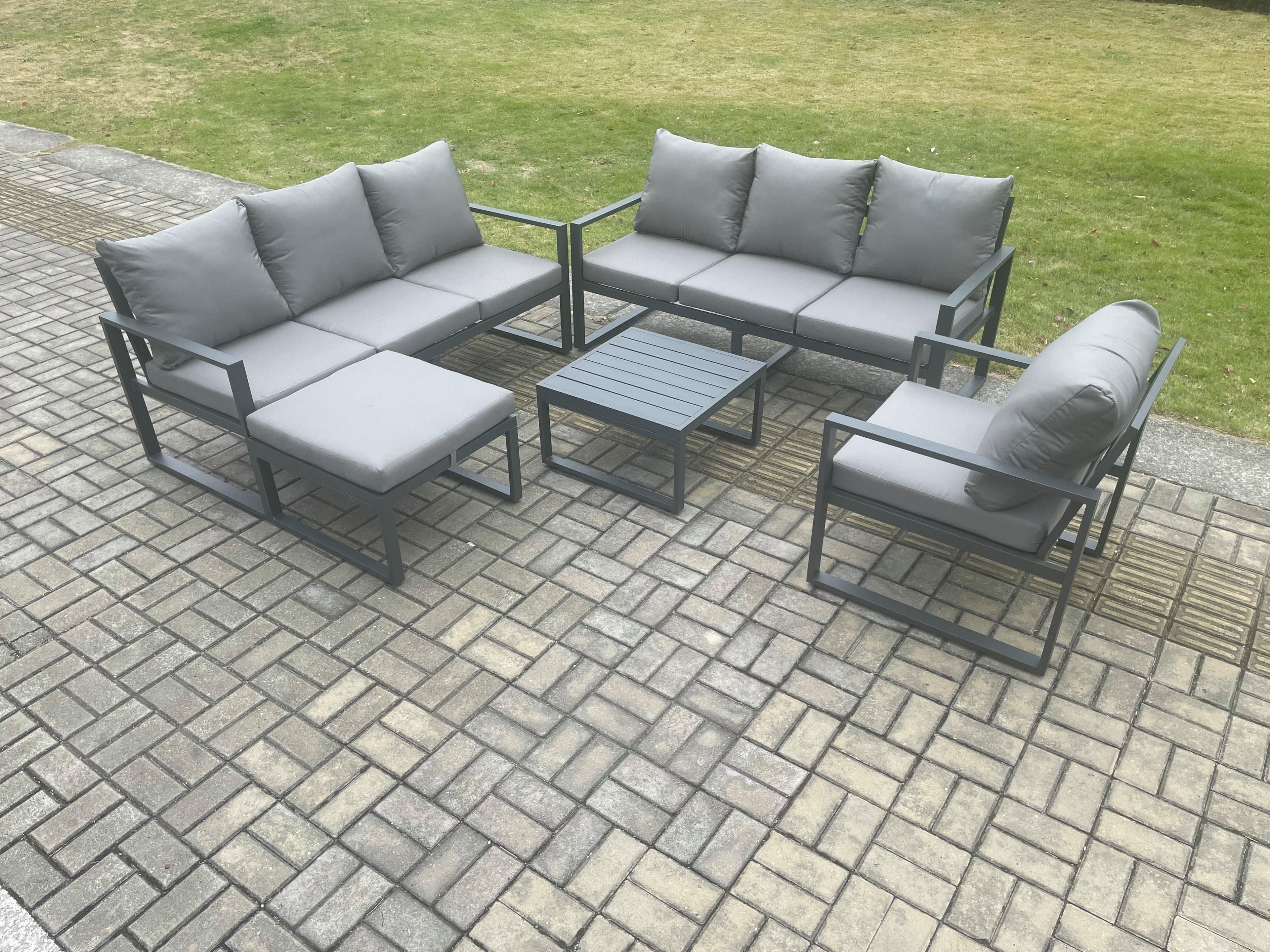 Aluminium 8 Seater Outdoor Garden Furniture Lounge Sofa Set Square Coffee Table Chair Big Footstool Dark Grey