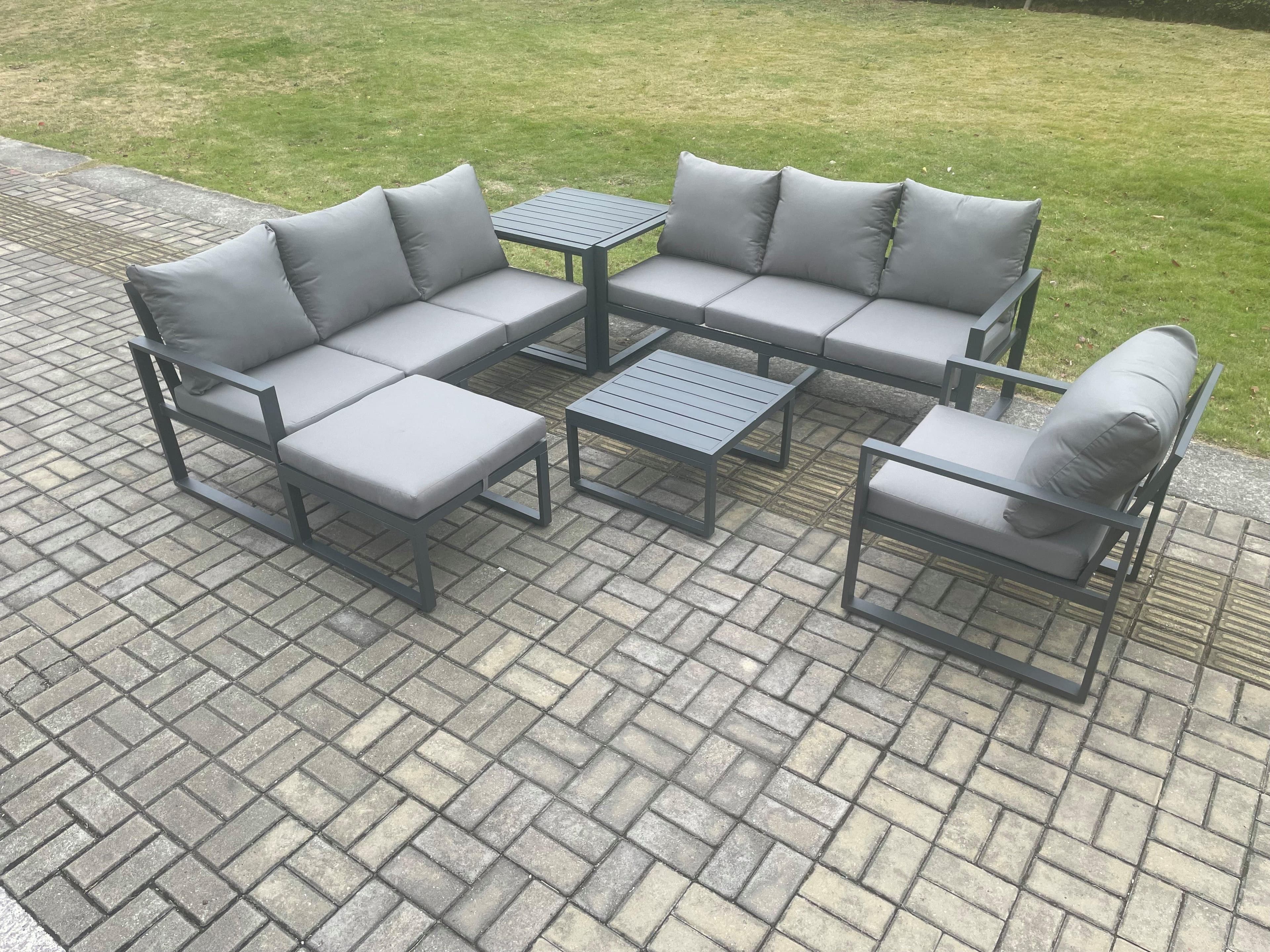 Aluminium 8 Seater Outdoor Garden Furniture Lounge Sofa Set Square Coffee Table Chair Big Footstool Side Table Dark Grey