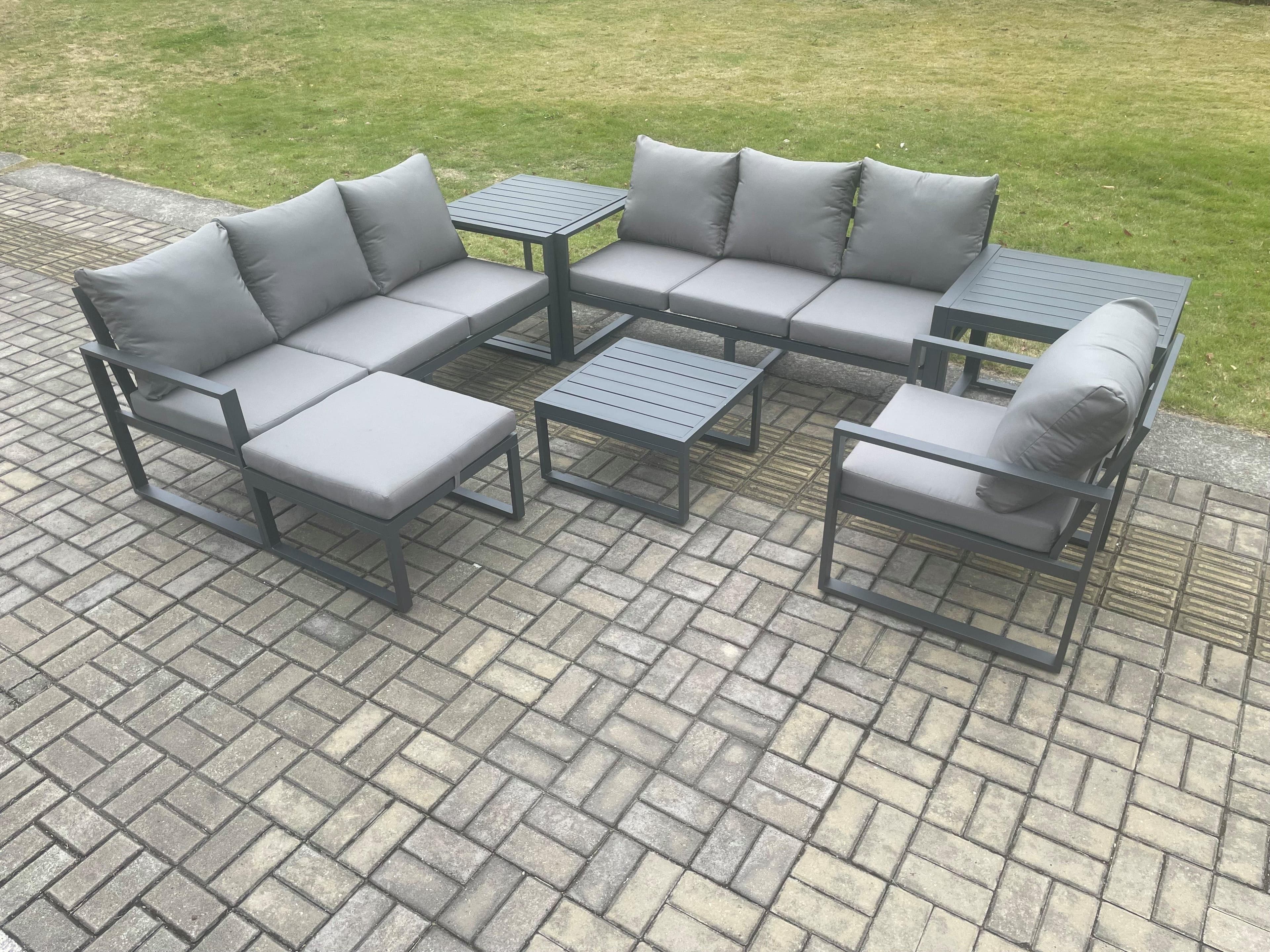 Aluminium 8 Seater Outdoor Garden Furniture Lounge Sofa Set Square Coffee Table Chair Big Footstool 2 Side Tables Dark Grey