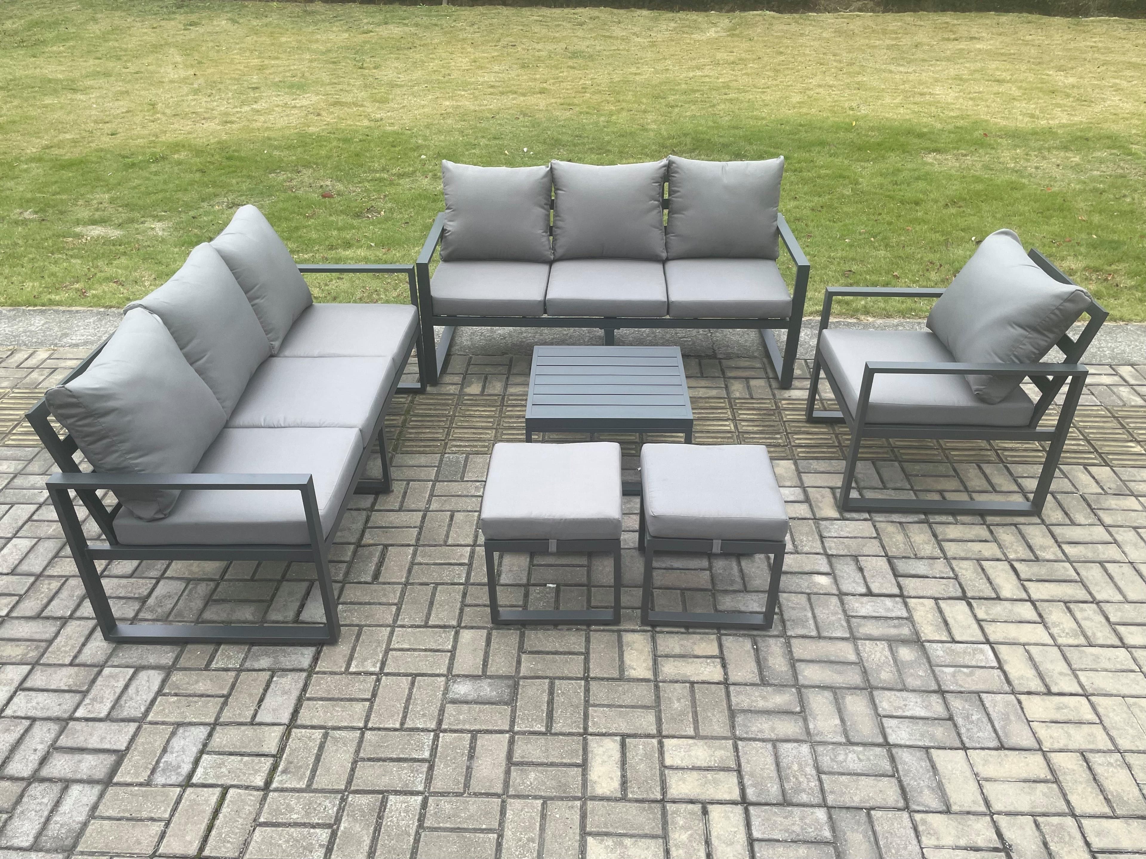 Aluminium 9 Seater Outdoor Garden Furniture Lounge Sofa Set Square Coffee Table Chair 2 Small Footstools Dark Grey