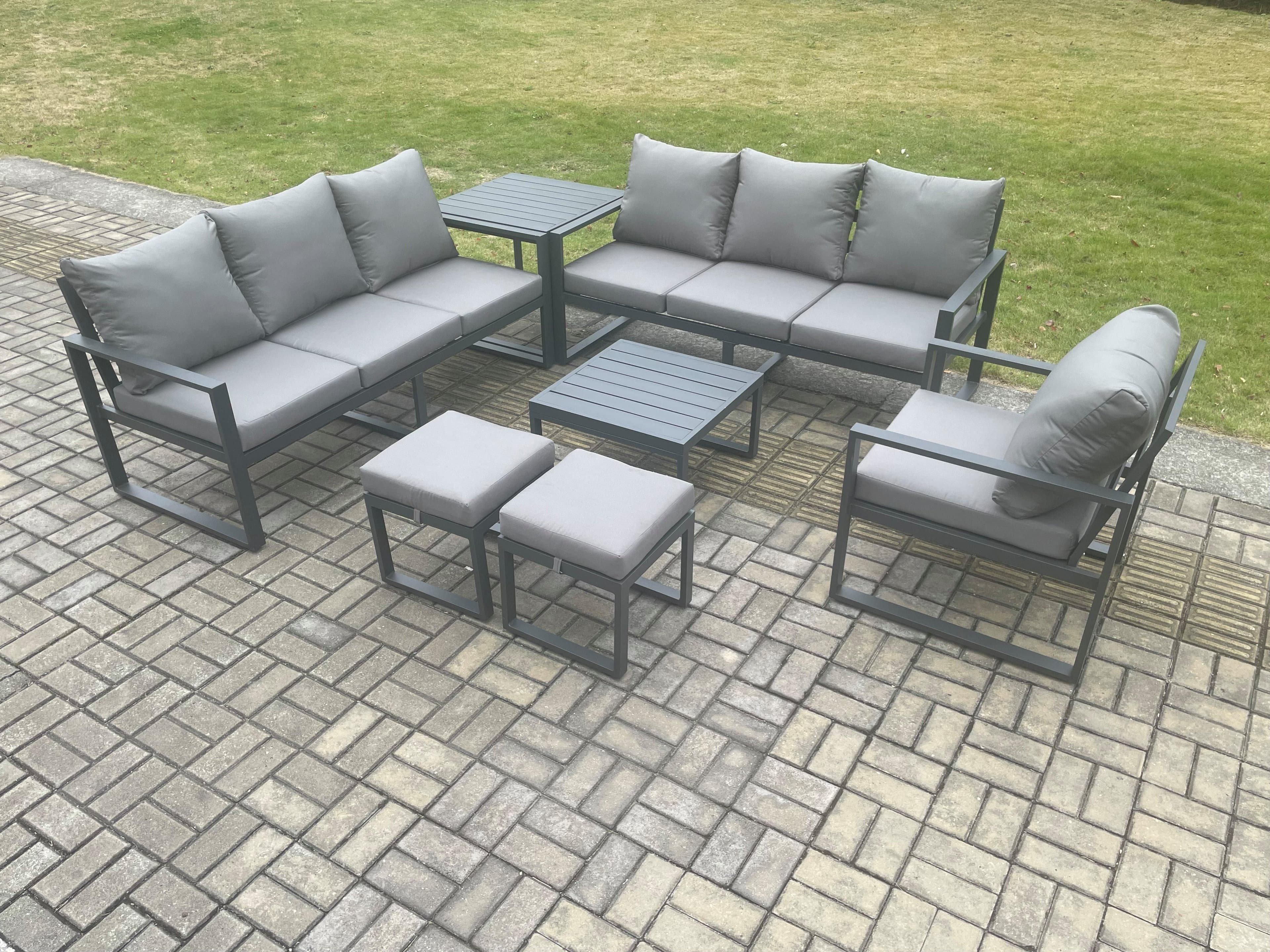 Aluminium 9 Seater Outdoor Garden Furniture Lounge Sofa Set Square Coffee Table Chair 2 Small Footstools Side Table Dark Grey