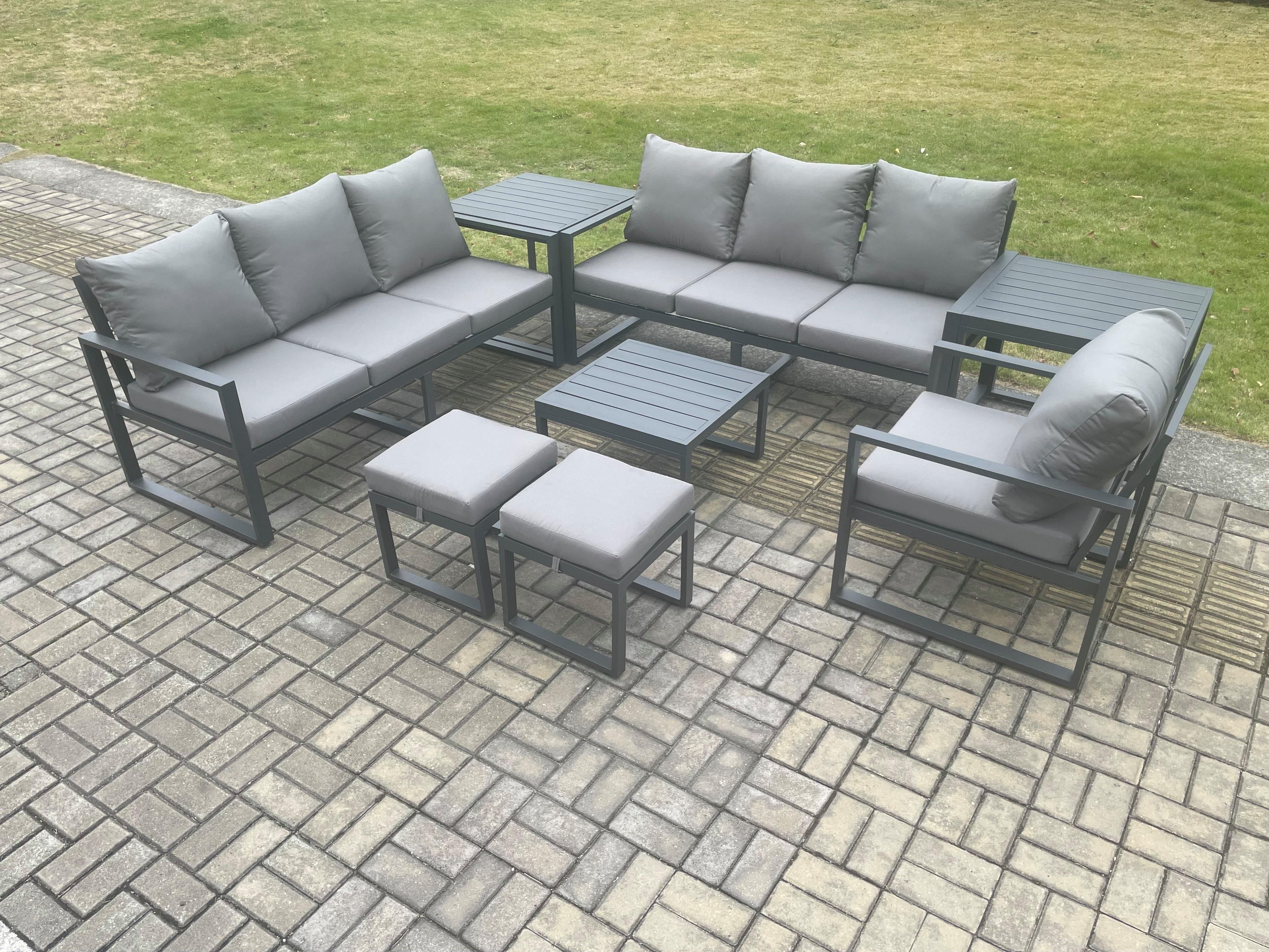 Aluminium 9 Seater Outdoor Garden Furniture Lounge Sofa Set Square Coffee Table Chair 2 Small Footstools 2 Side Table Dark Grey