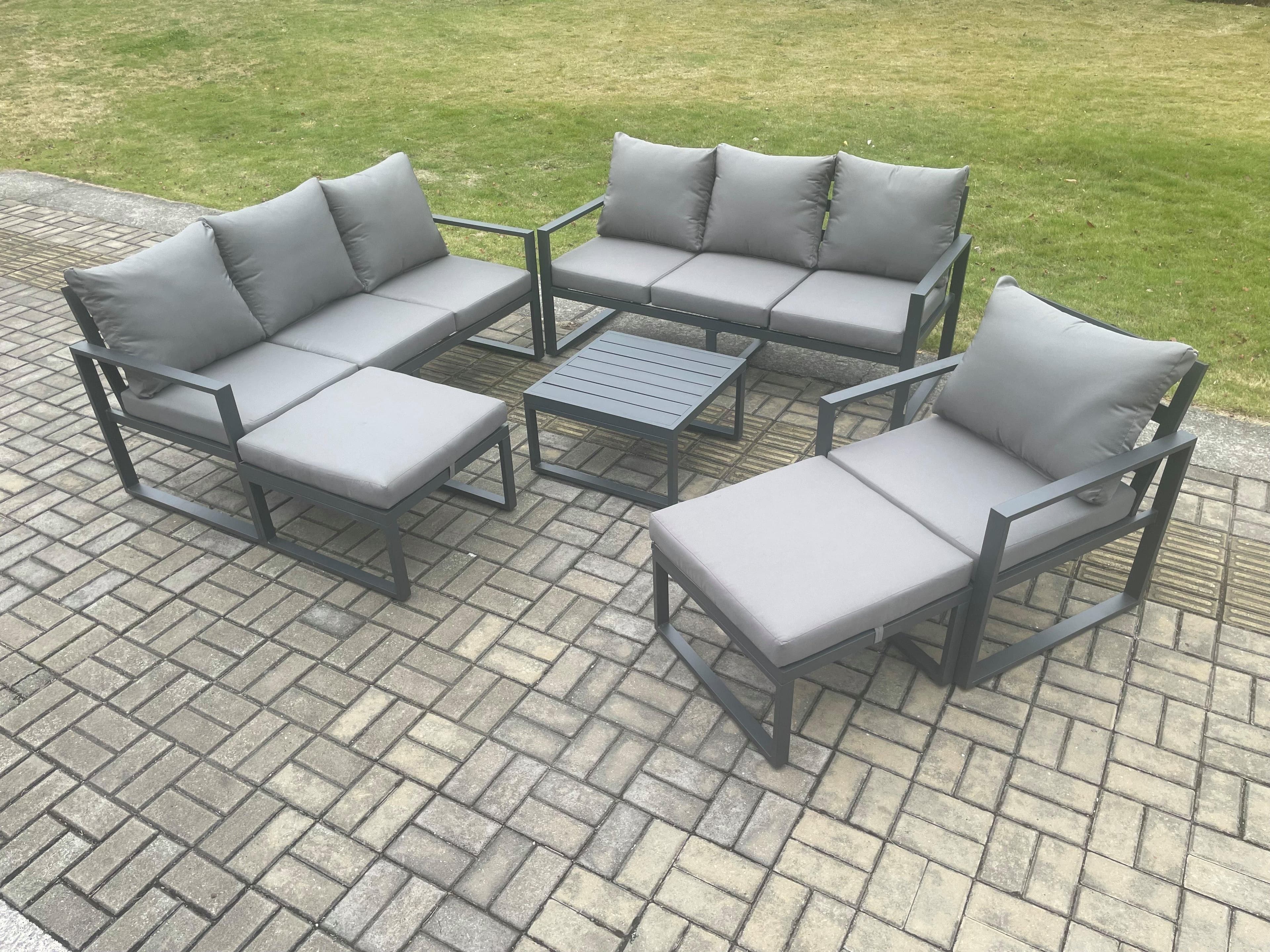 Aluminium Outdoor Lounge Sofa Set Garden Furniture Sets Square Coffee Table Chair 2 Big Footstools Dark Grey