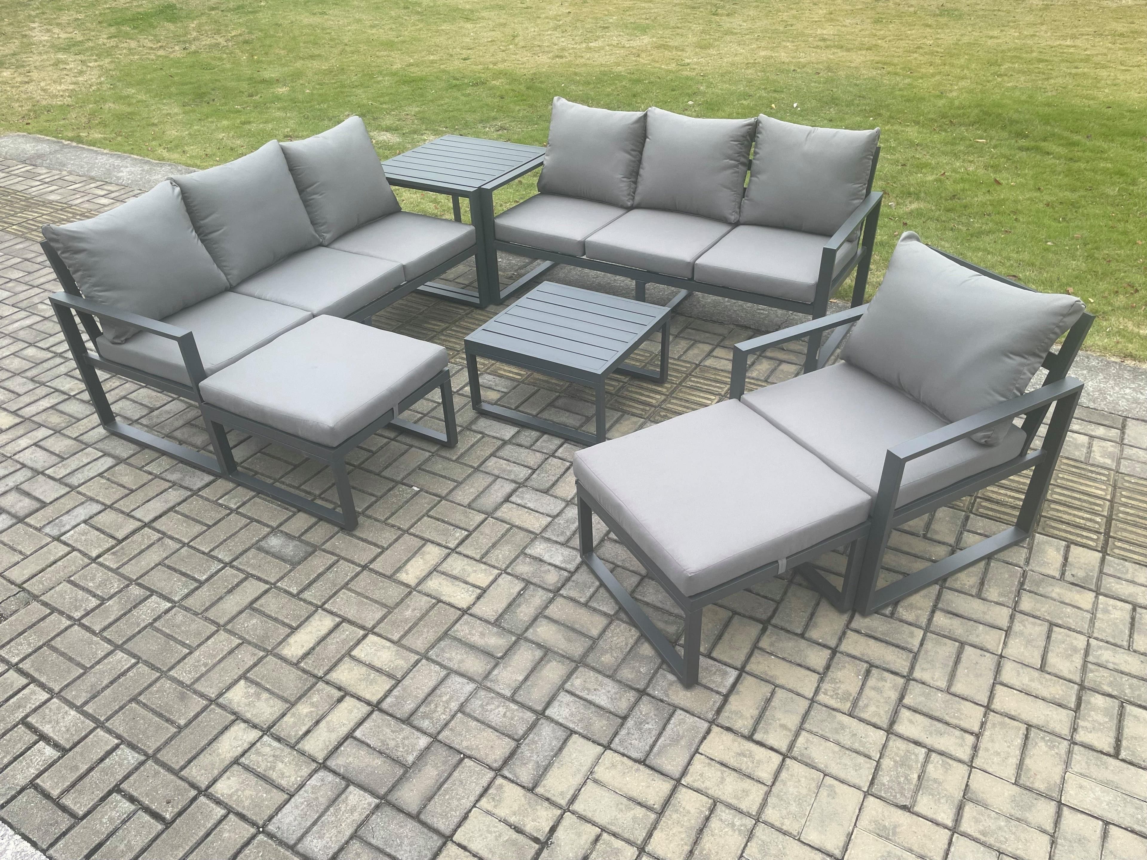 Aluminium Outdoor Lounge Sofa Set Garden Furniture Sets Square Coffee Table Chair 2 Big Footstools Side Table Dark Grey