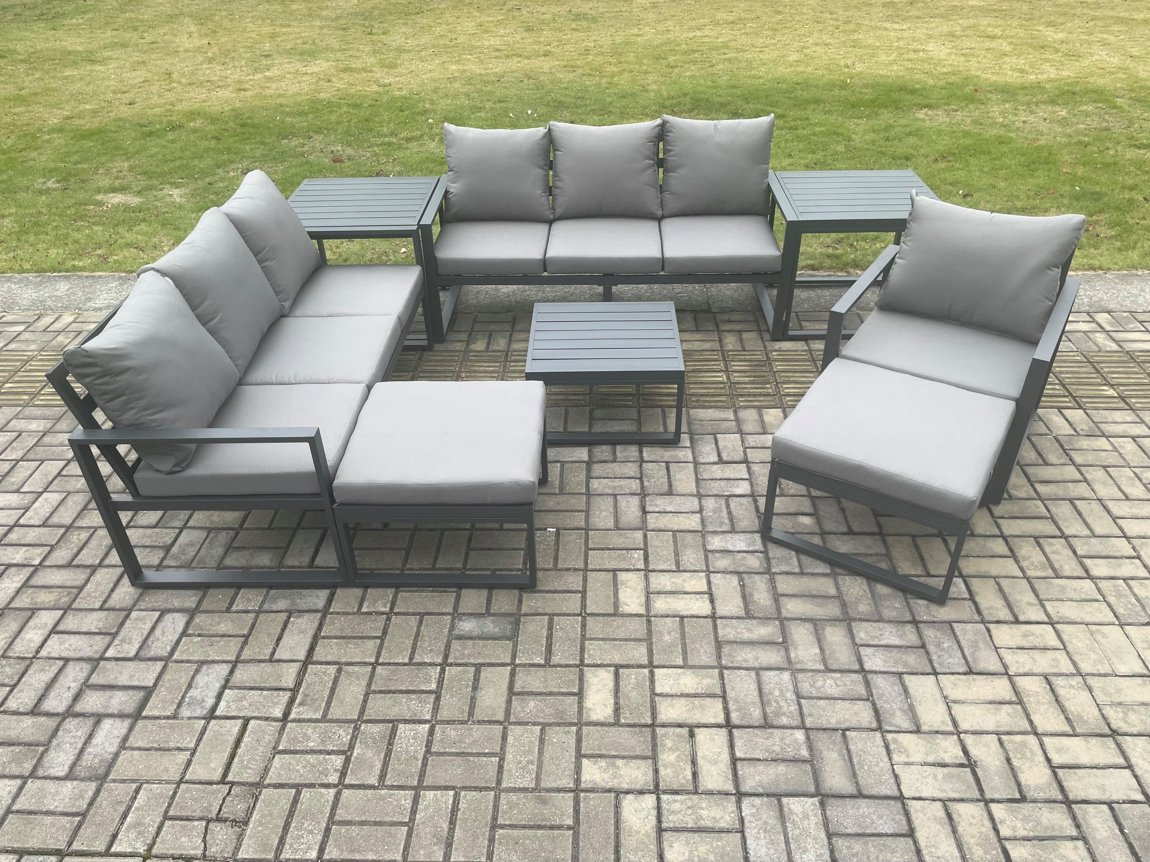 Aluminium Outdoor Lounge Sofa Set Garden Furniture Sets Square Coffee Table Chair 2 Big Footstools 2 Side Tables Dark Grey