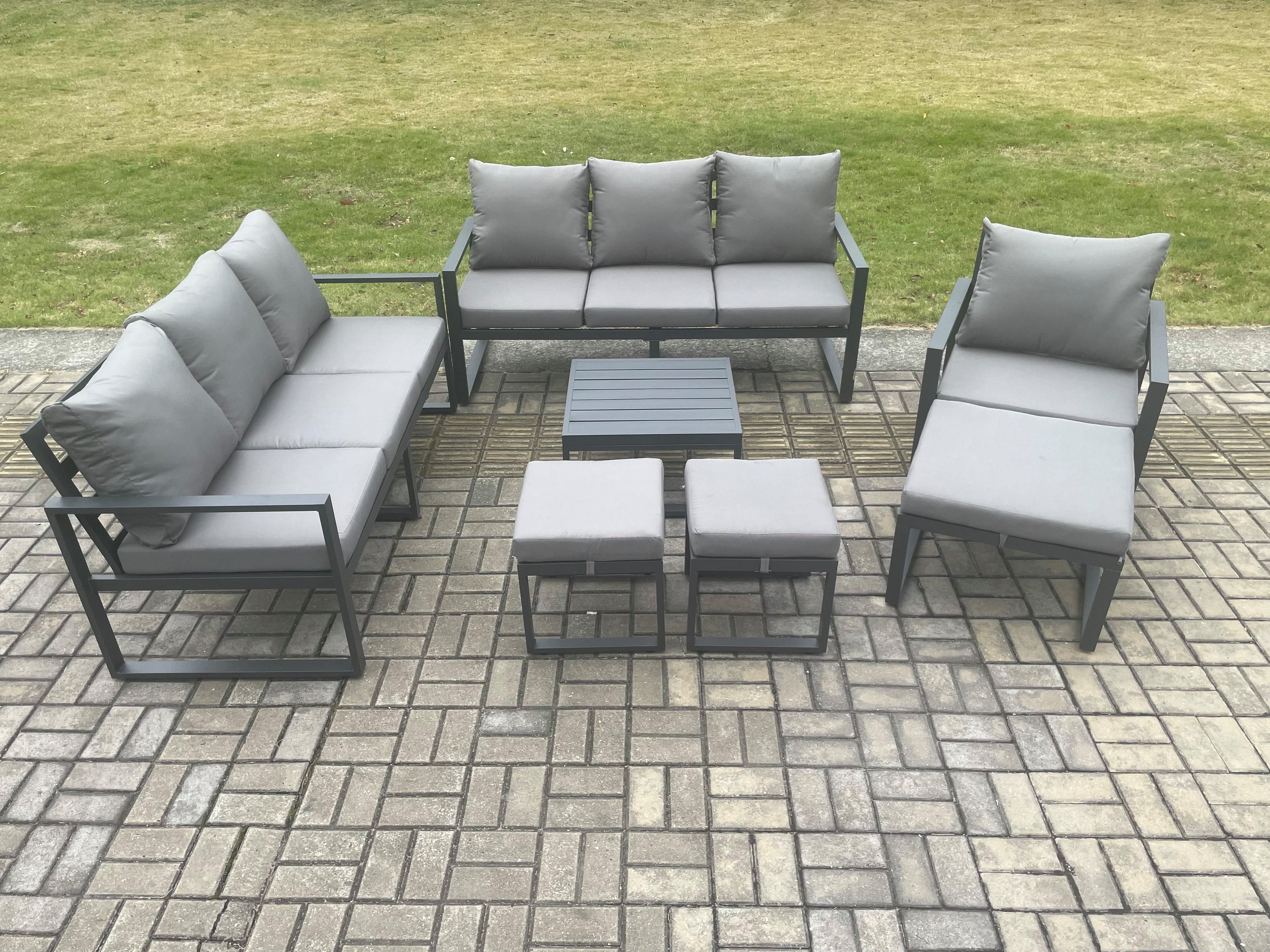 Aluminium Outdoor Lounge Sofa Set Garden Furniture Sets Square Coffee Table Chair 3 Footstools Dark Grey
