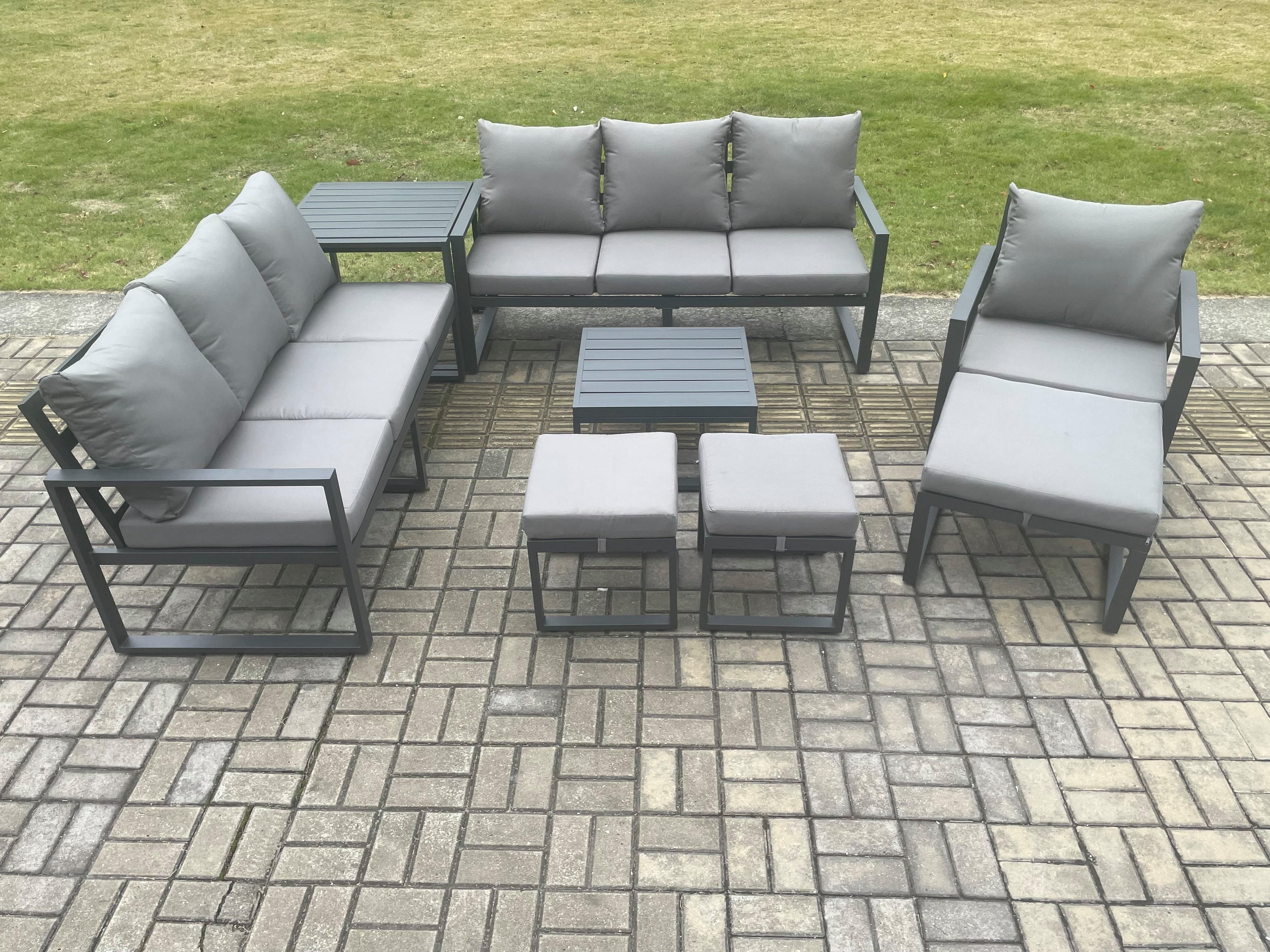 Aluminium Outdoor Lounge Sofa Set Garden Furniture Sets Square Coffee Table Chair 3 Footstools Side Table Dark Grey