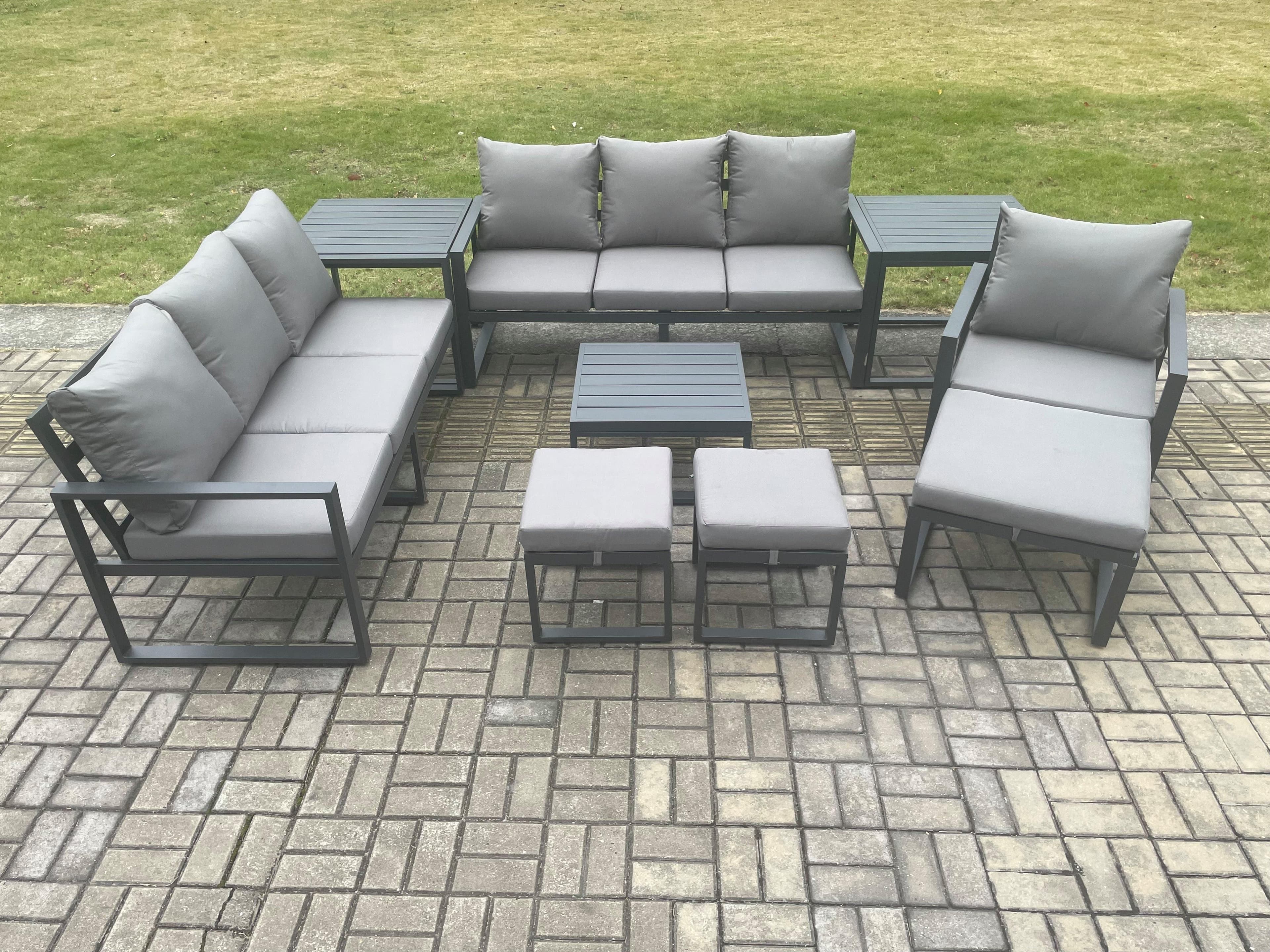 Aluminium Outdoor Lounge Sofa Set Garden Furniture Sets Square Coffee Table Chair 3 Footstools 2 Side Tables Dark Grey