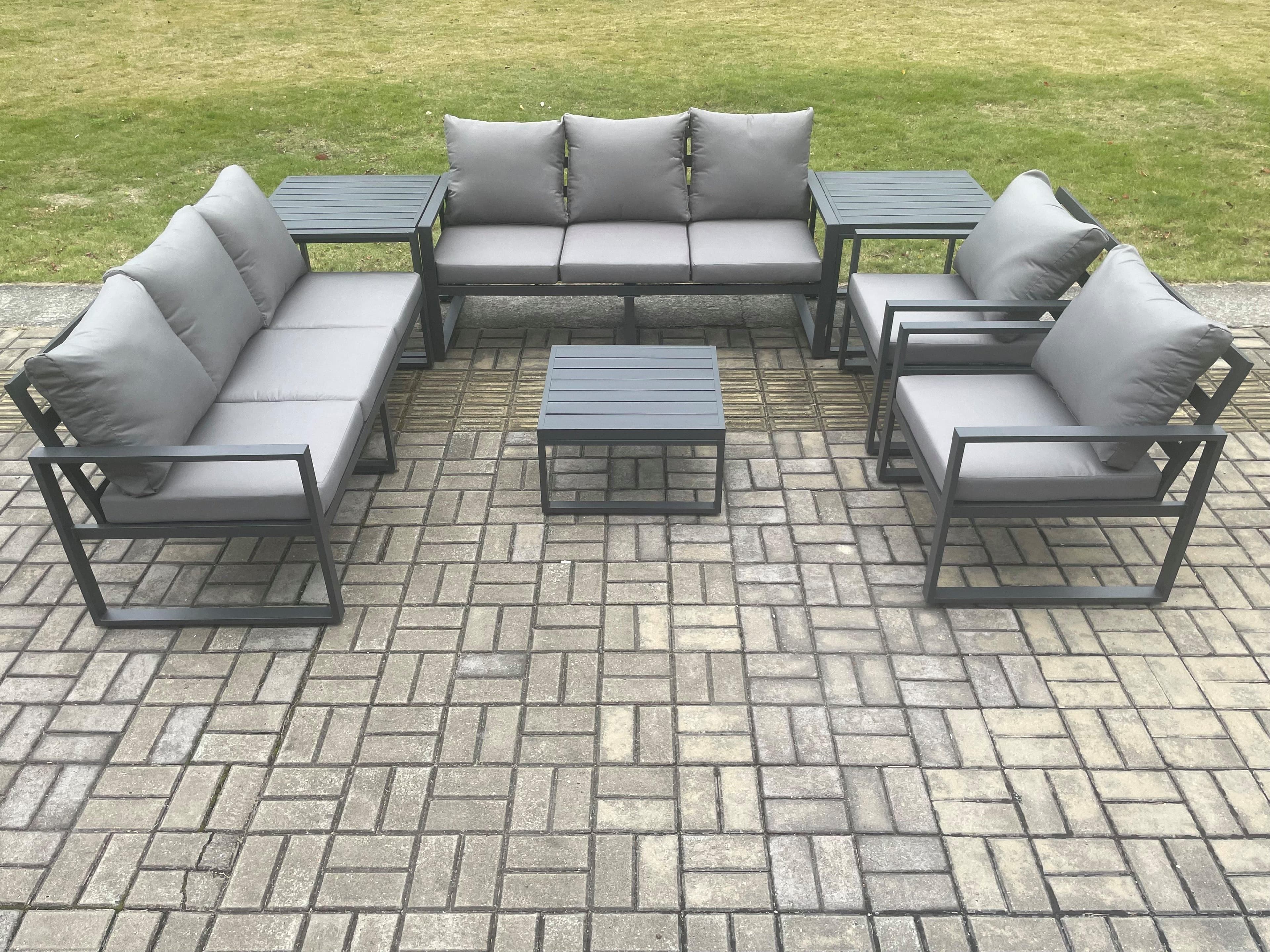 Aluminium Outdoor Lounge Sofa Set Garden Furniture Sets Square Coffee Table 2 Chairs 2 Side Tables Dark Grey 8 Seater