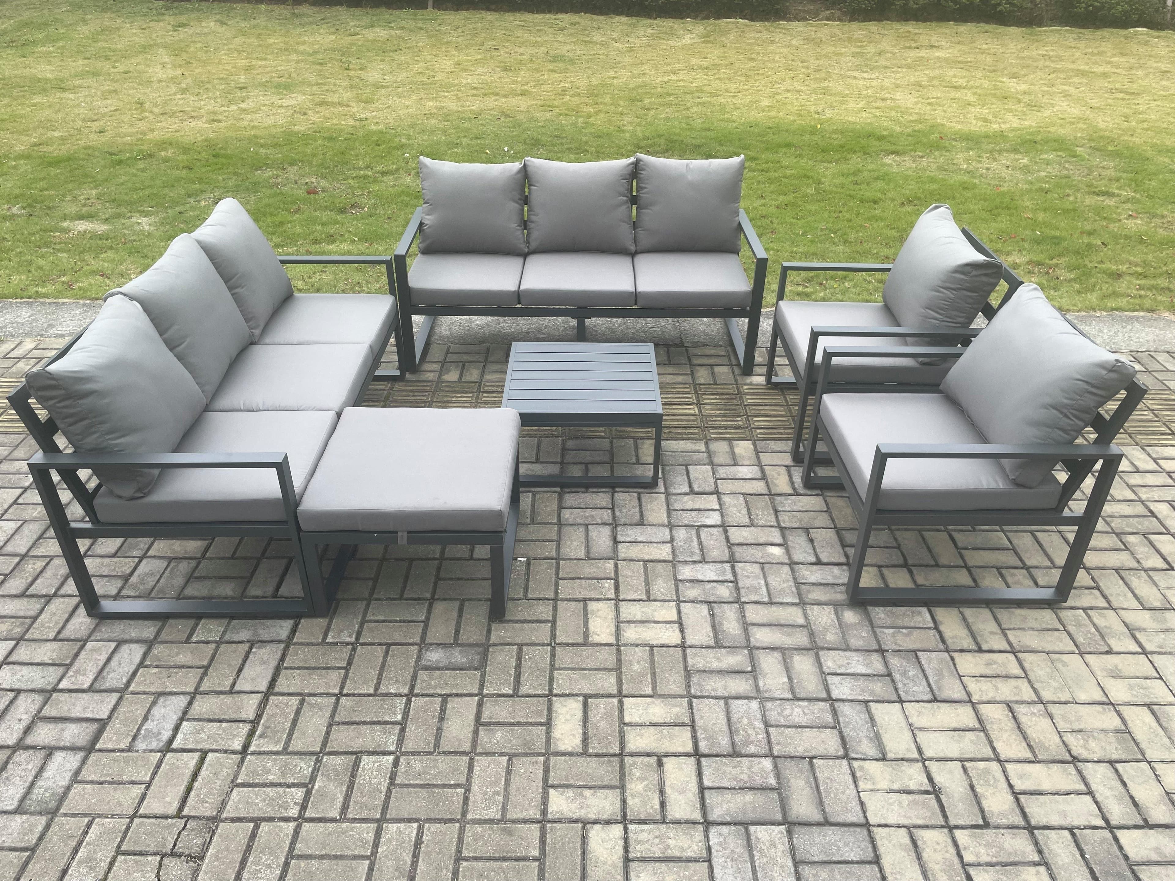 Aluminium Patio Outdoor Garden Furniture Lounge Sofa Set Square Coffee Table 2 Chairs Big Footstool Dark Grey