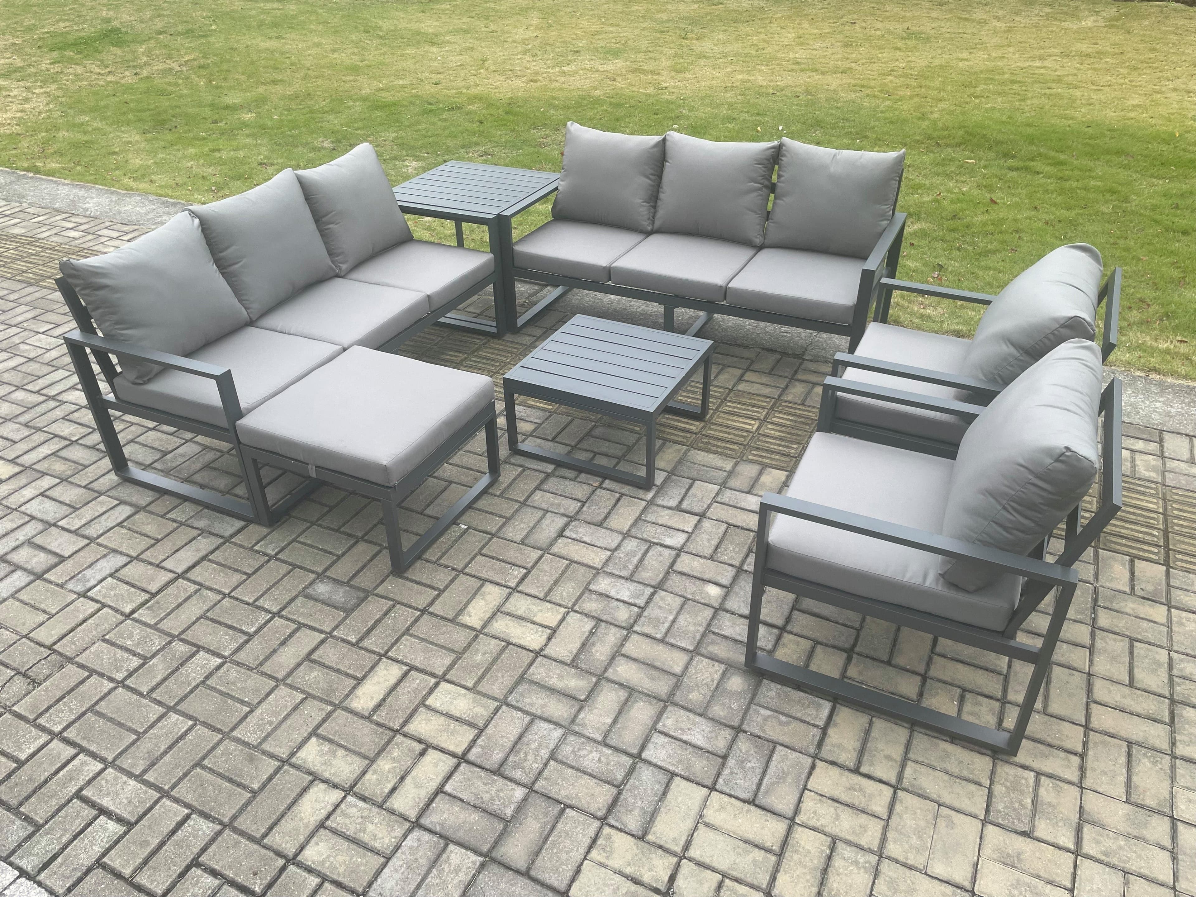 Aluminium Patio Outdoor Garden Furniture Lounge Sofa Set Square Coffee Table 2 Chairs Big Footstool Side Table Dark Grey
