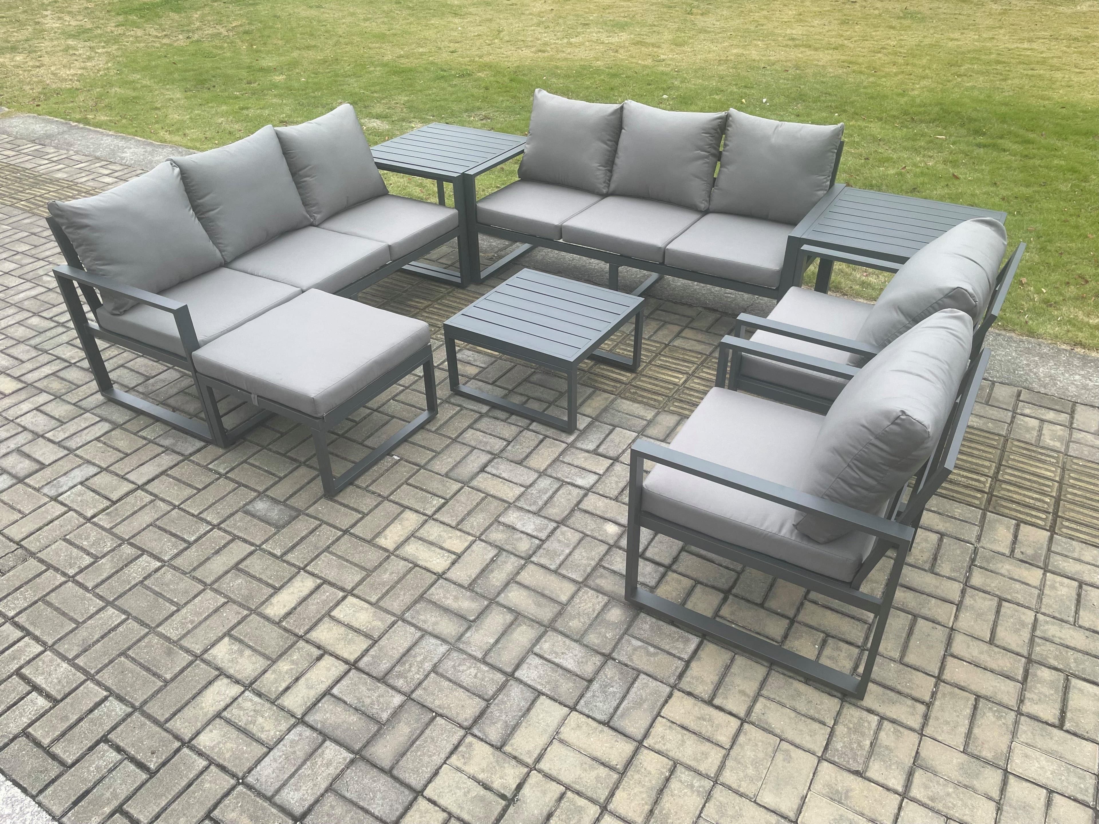Aluminium Patio Outdoor Garden Furniture Lounge Sofa Set Square Coffee Table 2 Chairs Big Footstool 2 Side Tables Dark Grey