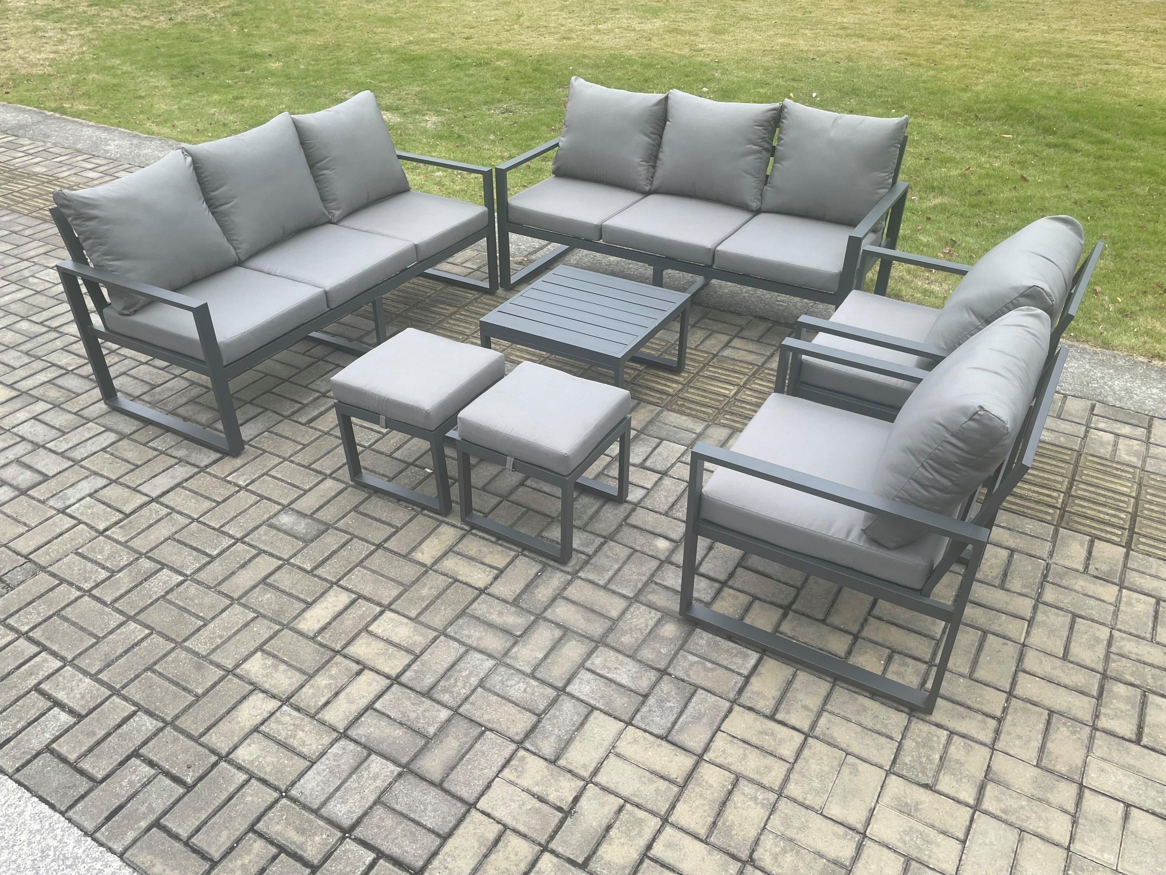 Aluminium Patio Outdoor Garden Furniture Lounge Sofa Set Square Coffee Table 2 Chairs 2 Small Footstool Dark Grey