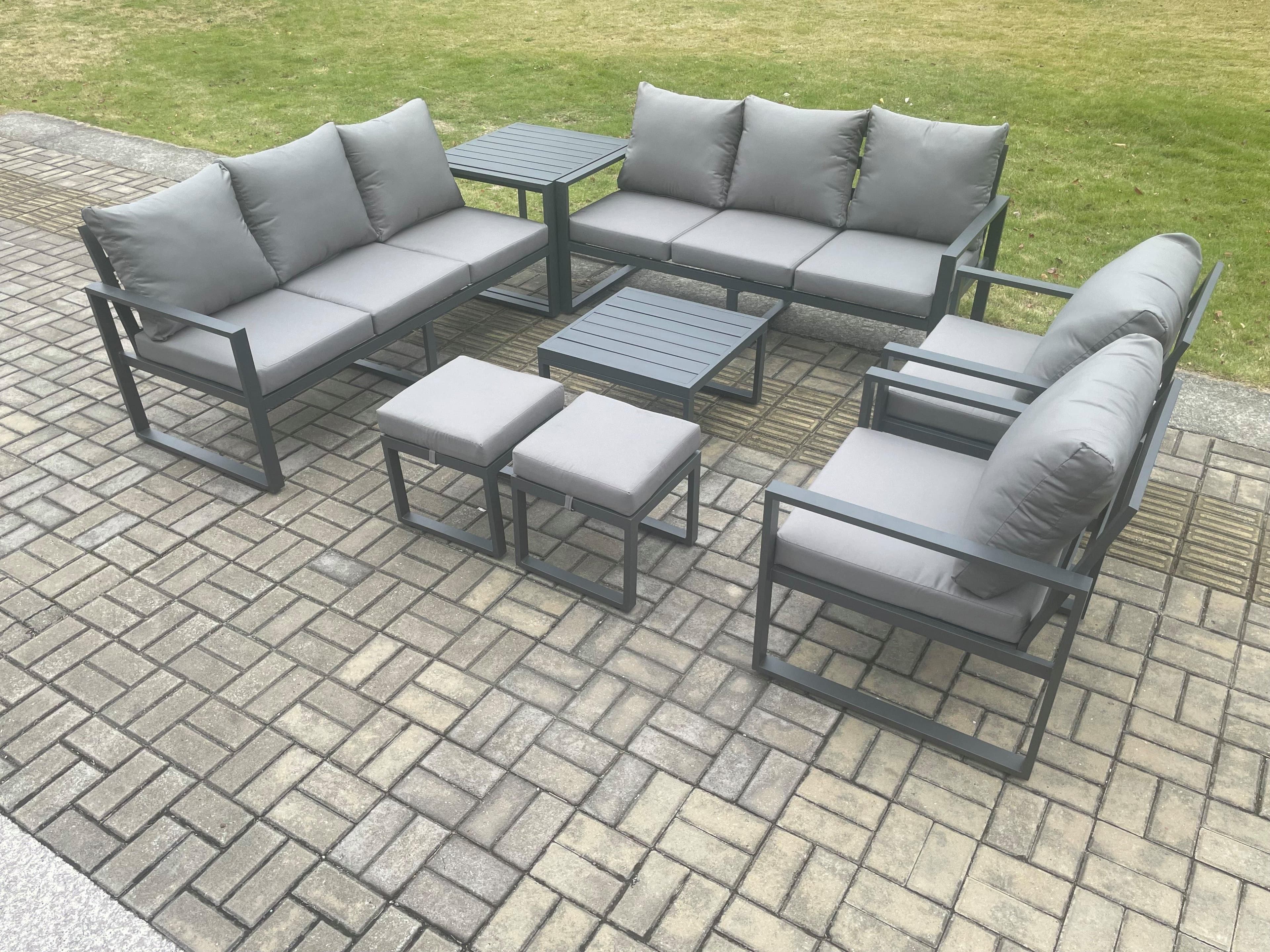 Aluminium Patio Outdoor Garden Furniture Lounge Sofa Set Square Coffee Table 2 Chairs Side Table 2 Small Footstool Dark Grey