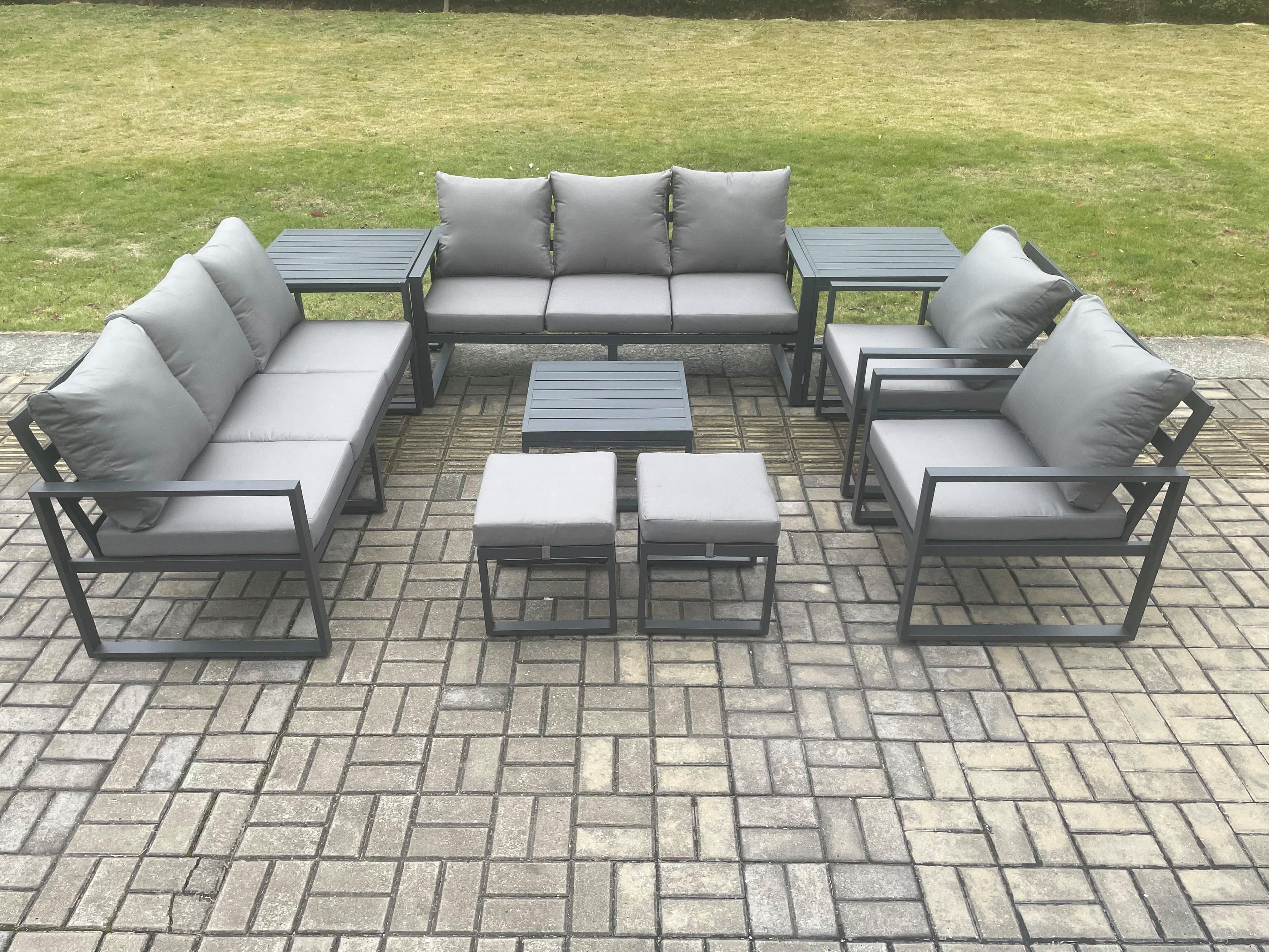 Aluminium Patio Outdoor Garden Furniture Lounge Sofa Set Square Coffee Table 2 Chairs 2 Side Tables 2 Small Footstool Dark Grey