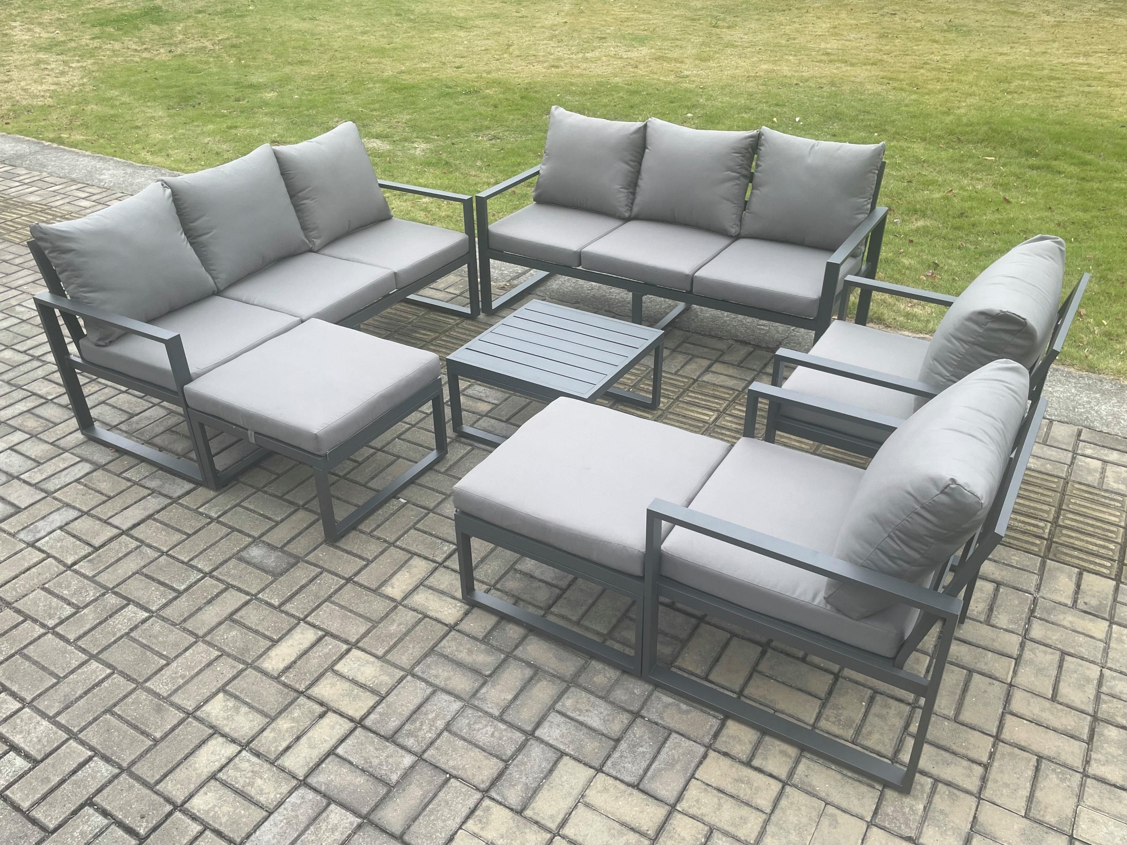 Aluminium Patio Outdoor Garden Furniture Lounge Sofa Set Square Coffee Table 2 Chairs 2 Big Footstools Dark Grey
