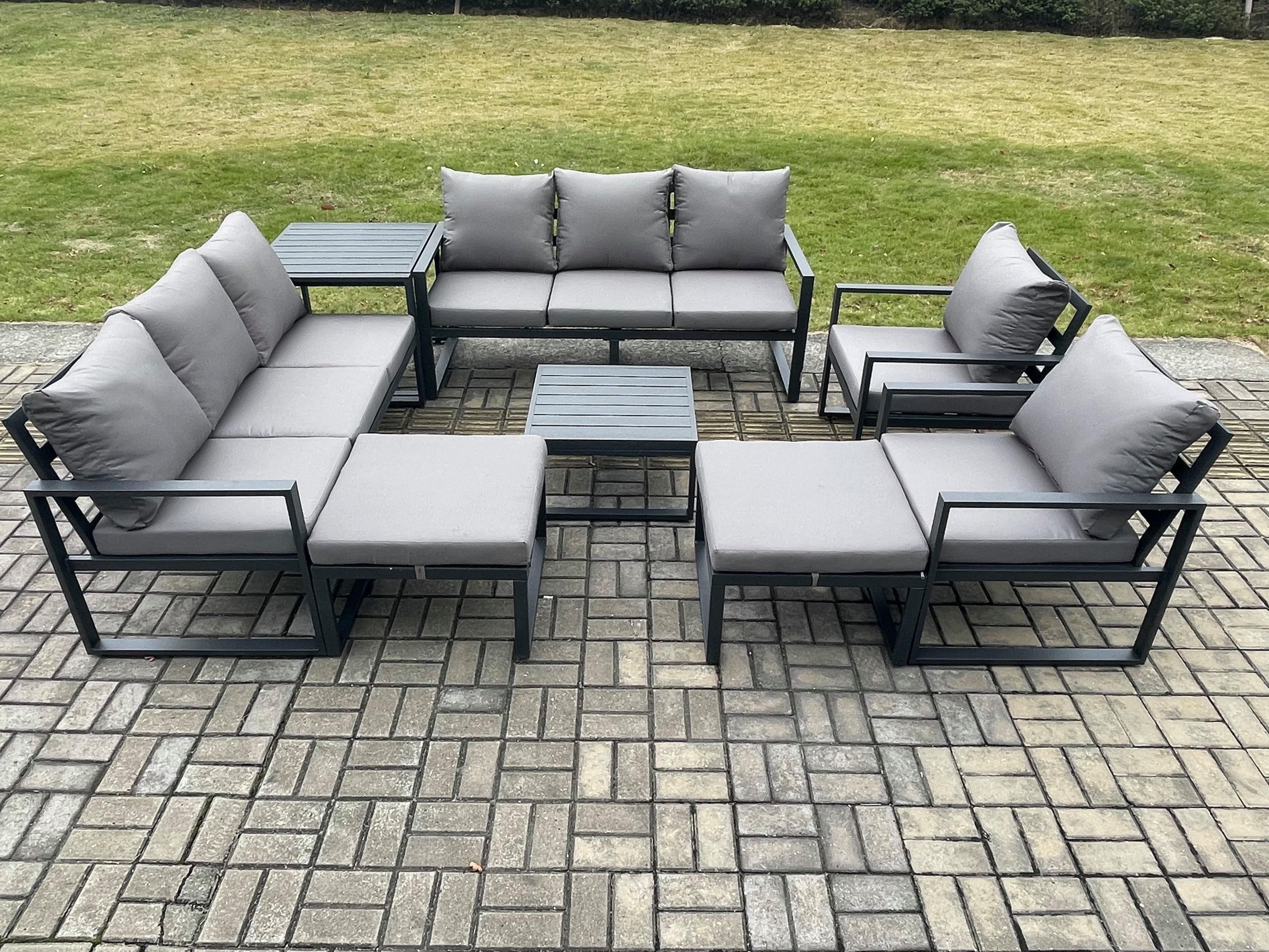 Aluminium Patio Outdoor Garden Furniture Lounge Sofa Set Square Coffee Table 2 Chairs Side Table 2 Big Footstool Dark Grey