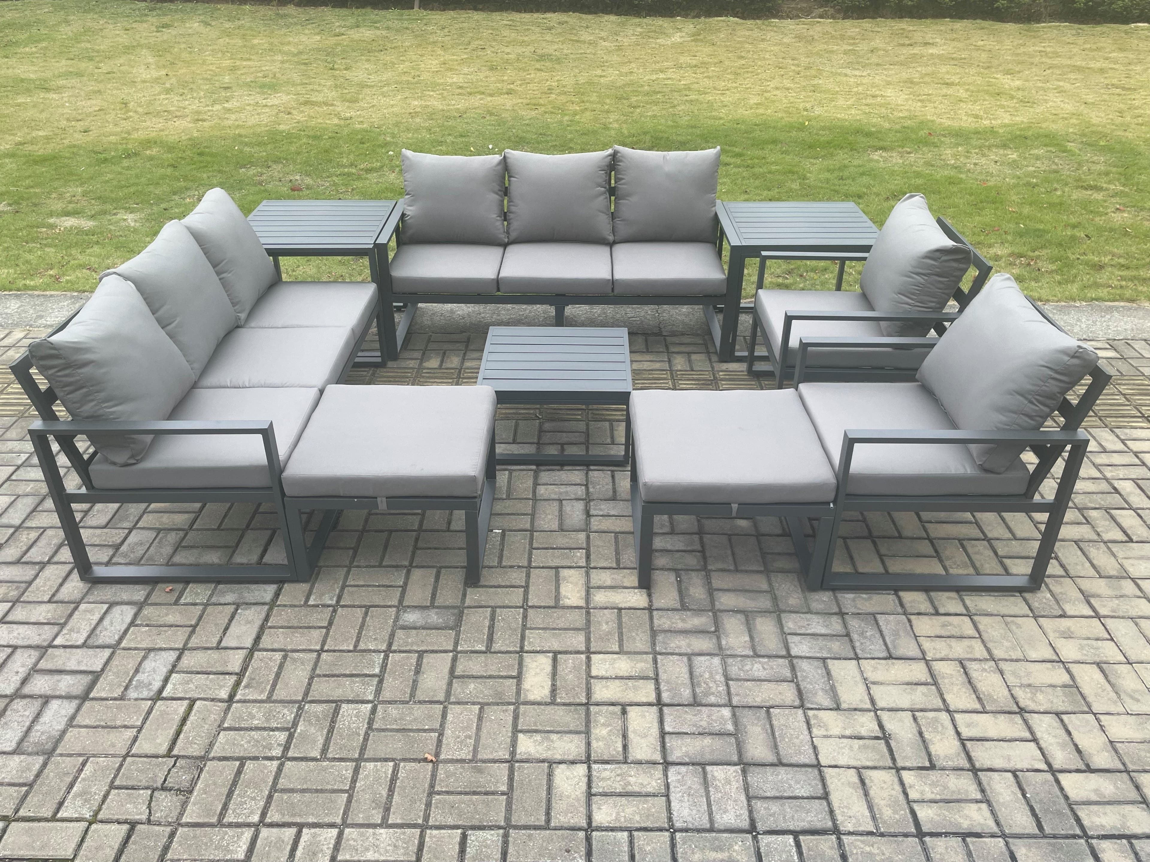 Aluminium Patio Outdoor Garden Furniture Lounge Sofa Set Square Coffee Table 2 Chairs 2 Side Tables 2 Big Footstool Dark Grey