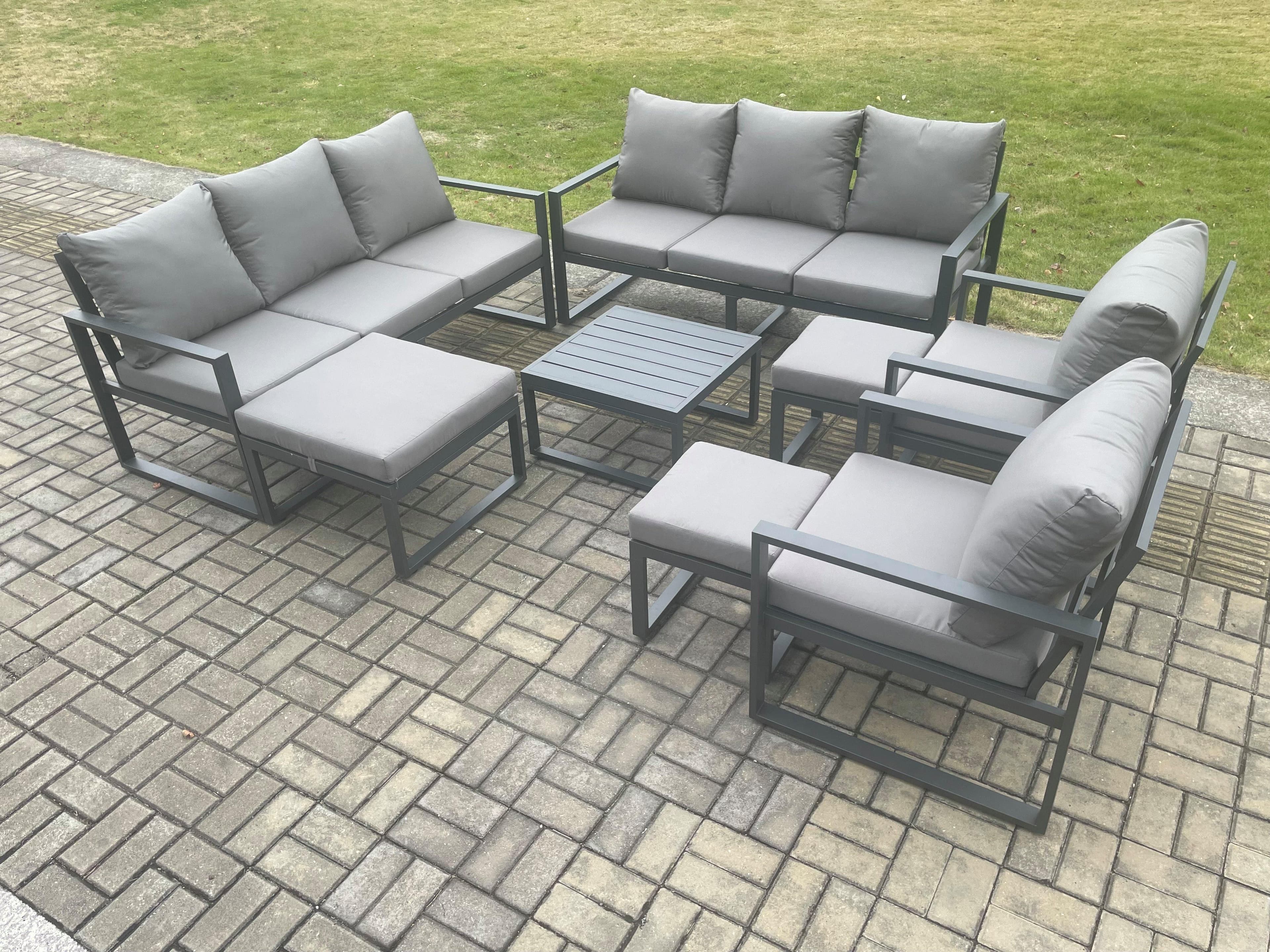 Aluminium Outdoor Garden Furniture Set Patio Lounge Sofa Square Coffee Table 2 Armchairs 3 Footstools Dark Grey