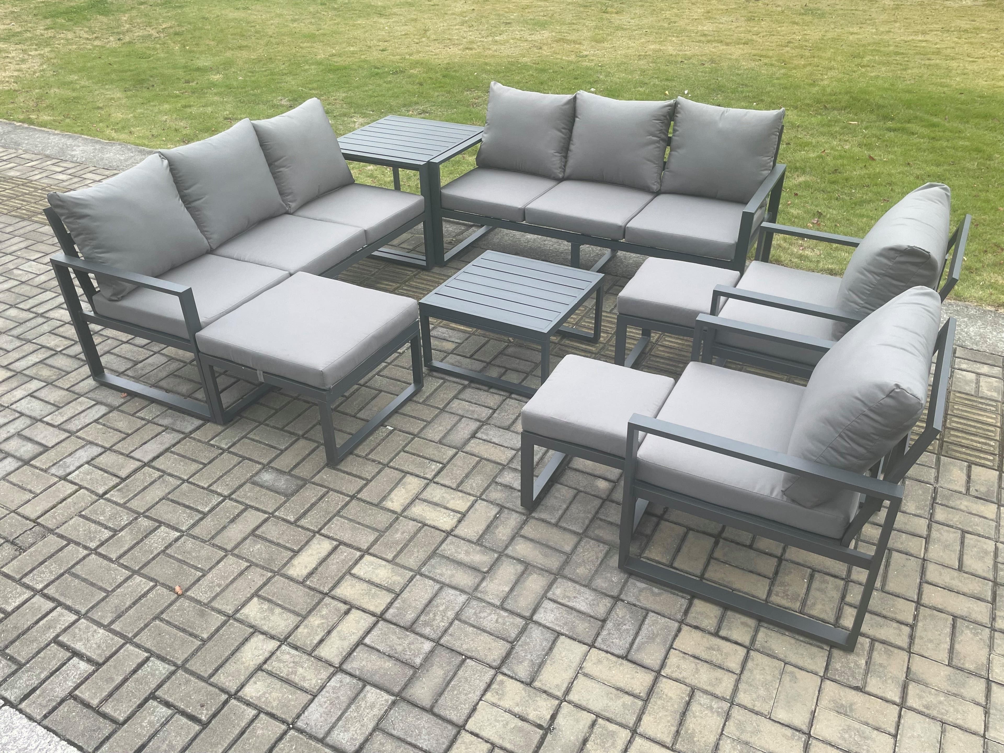 Aluminium Outdoor Garden Furniture Set Patio Lounge Sofa Square Coffee Table Side Table 2 Armchairs 3 Footstools Dark Grey