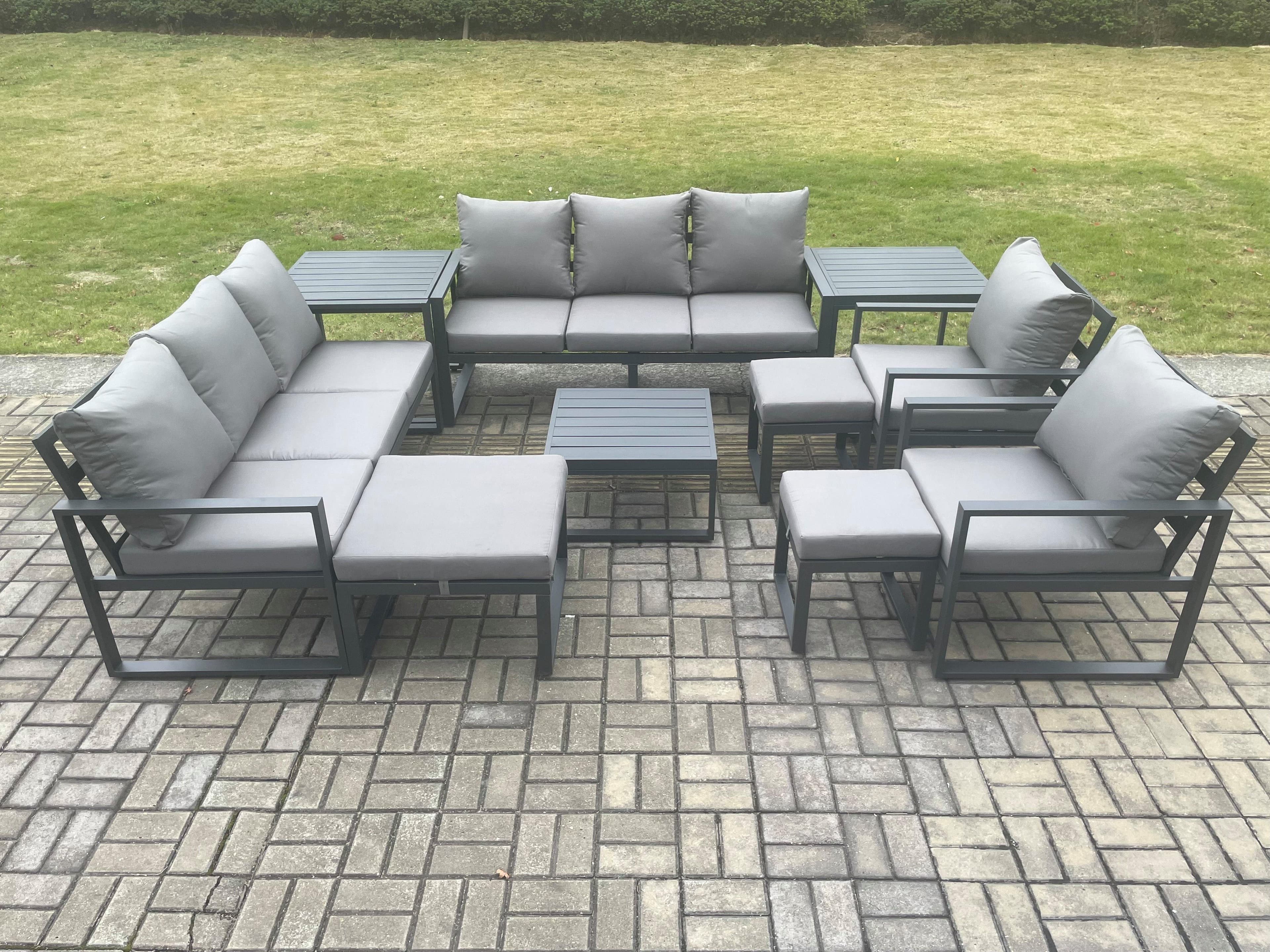 Aluminium Outdoor Garden Furniture Set Patio Lounge Sofa Square Coffee Table 2 Side Tables 2 Armchairs 3 Footstools Dark Grey